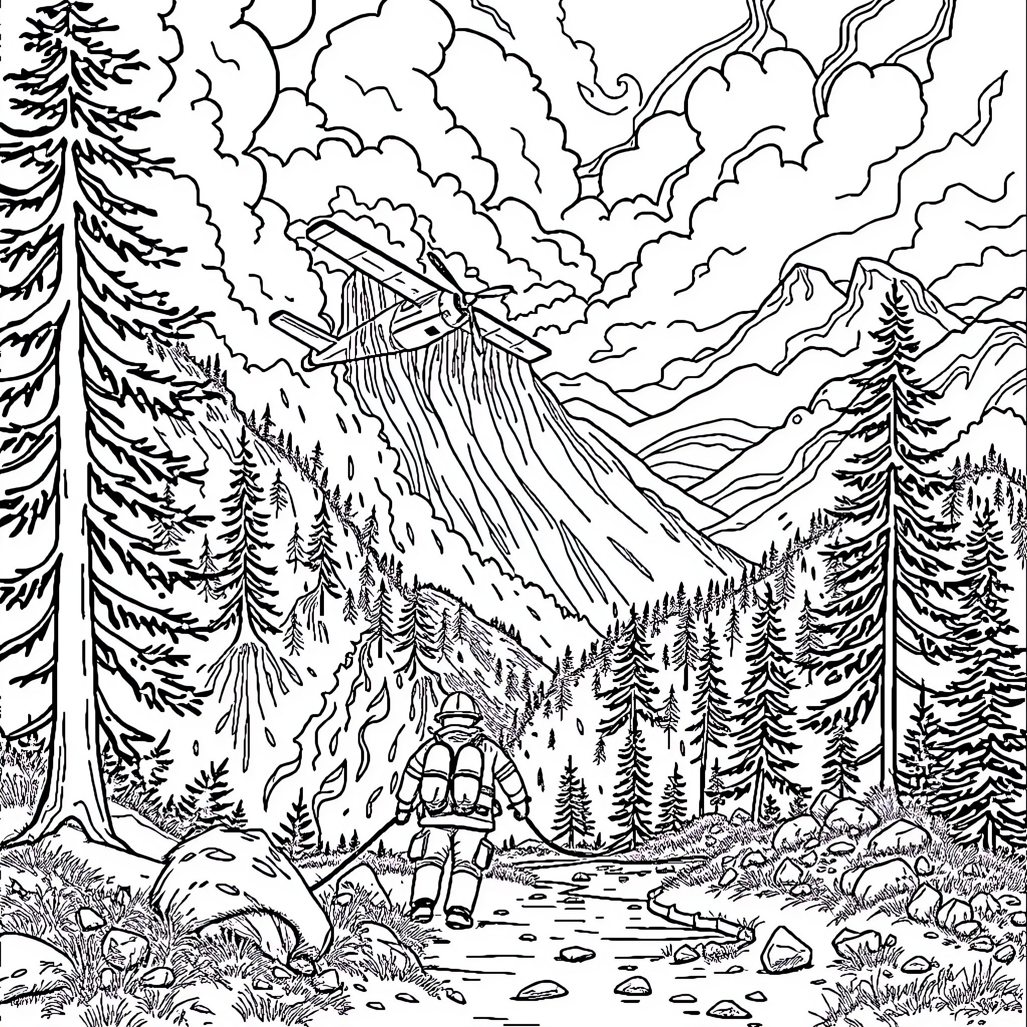 Firefighter braving the wildfire in the mountainous terrain Coloring Page (free black-and-white line drawing printable PDF for all, from beginners to advanced learners, including children, teens, adults, and seniors)