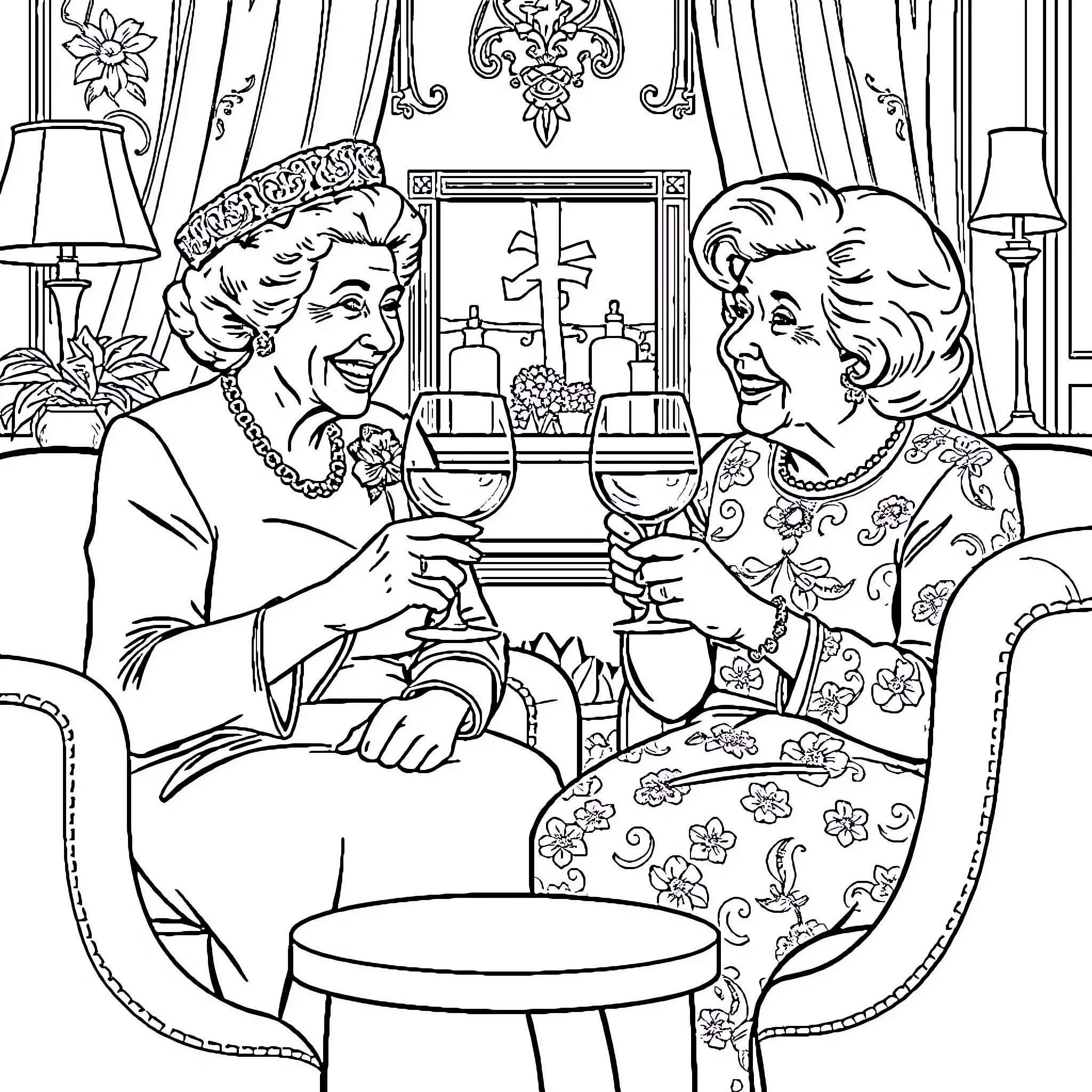 Queen's Cheerful Gathering with Companion Coloring Page (free black-and-white line drawing printable PDF for all, from beginners to advanced learners, including children, teens, adults, and seniors)