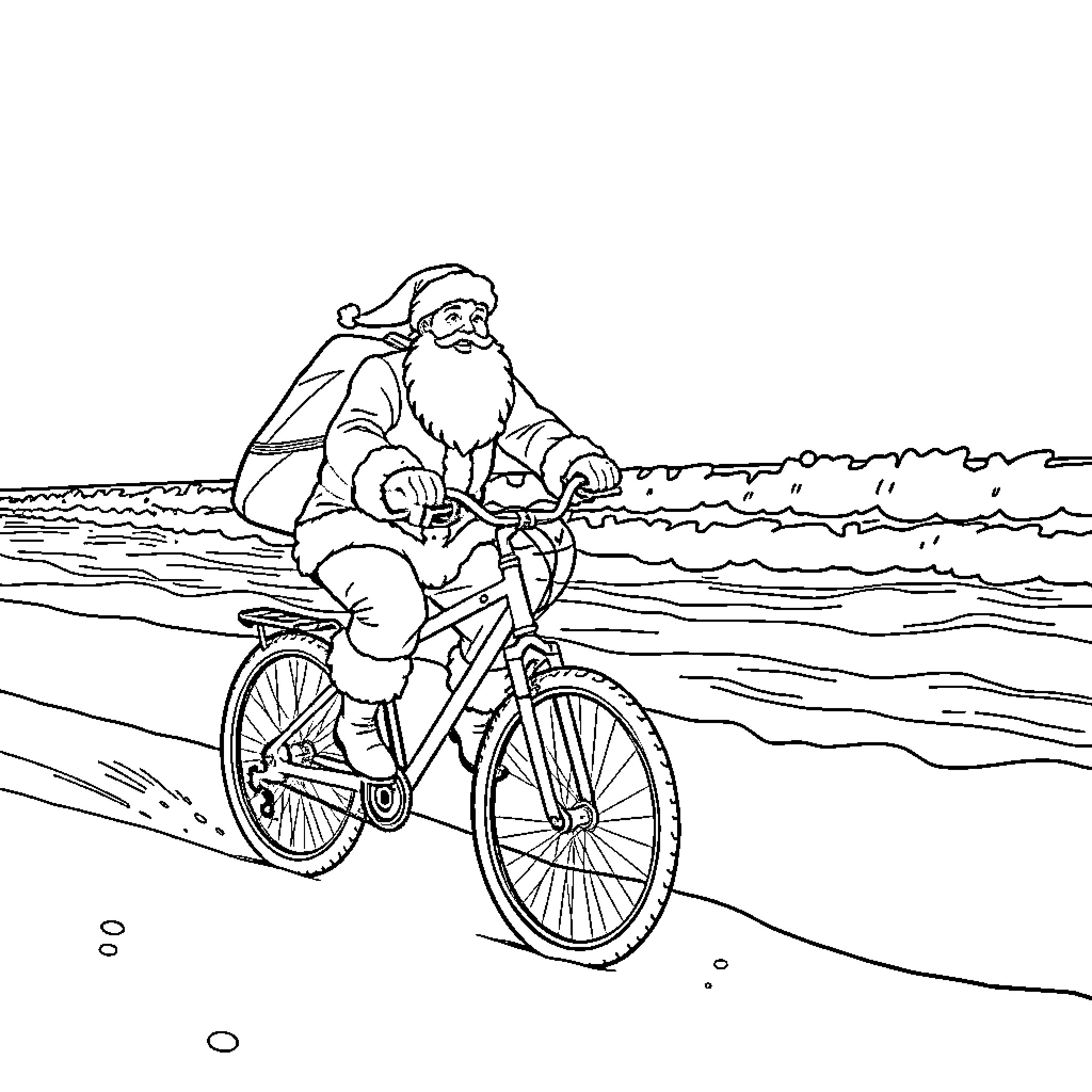 Santa Claus on a Festive Bicycle Ride Coloring Page (free black-and-white line drawing printable PDF for all, from beginners to advanced learners, including children, teens, adults, and seniors)