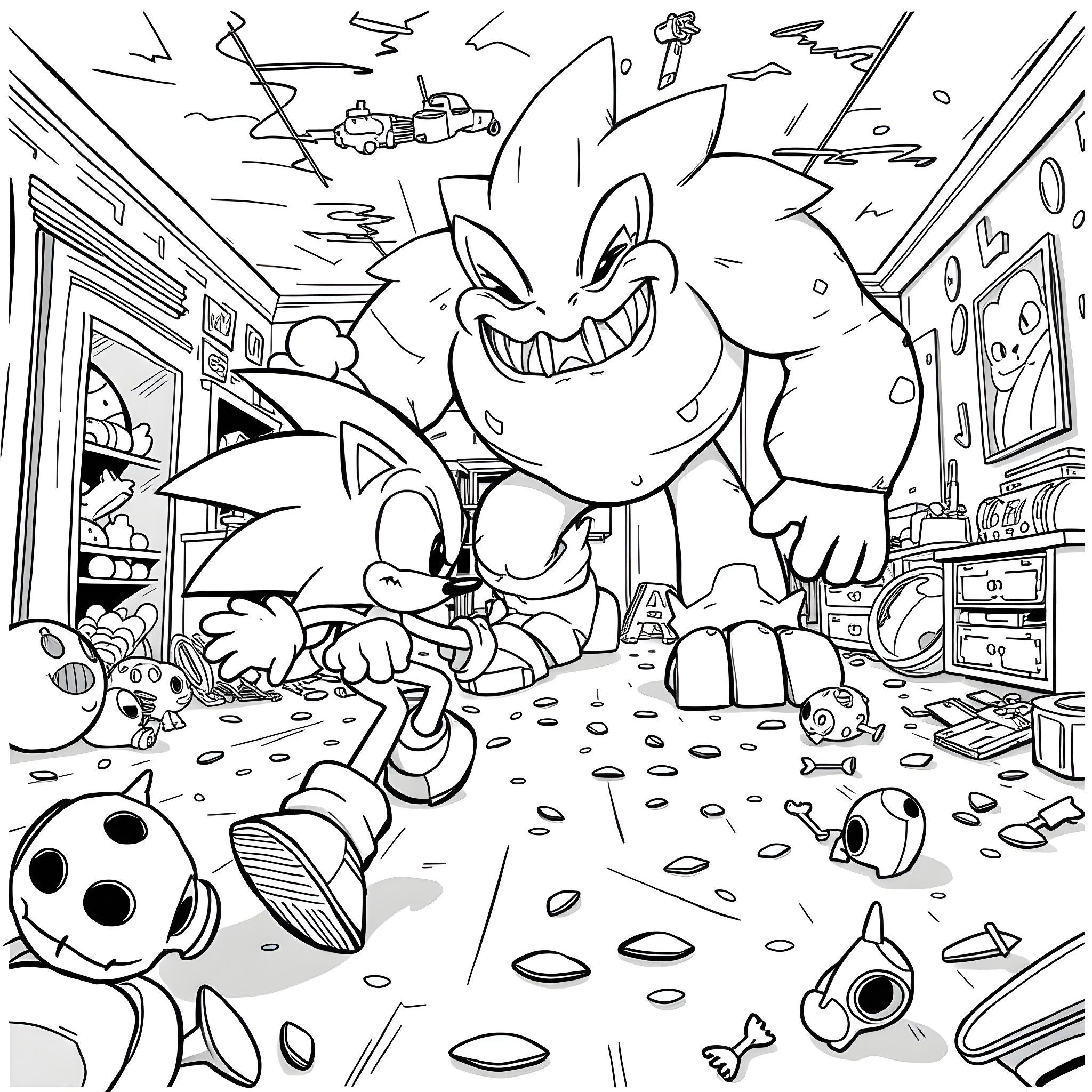 Sonic's Chaotic Adventure in a Cluttered Room Coloring Page (free black-and-white line drawing printable PDF for all, from beginners to advanced learners, including children, teens, adults, and seniors)