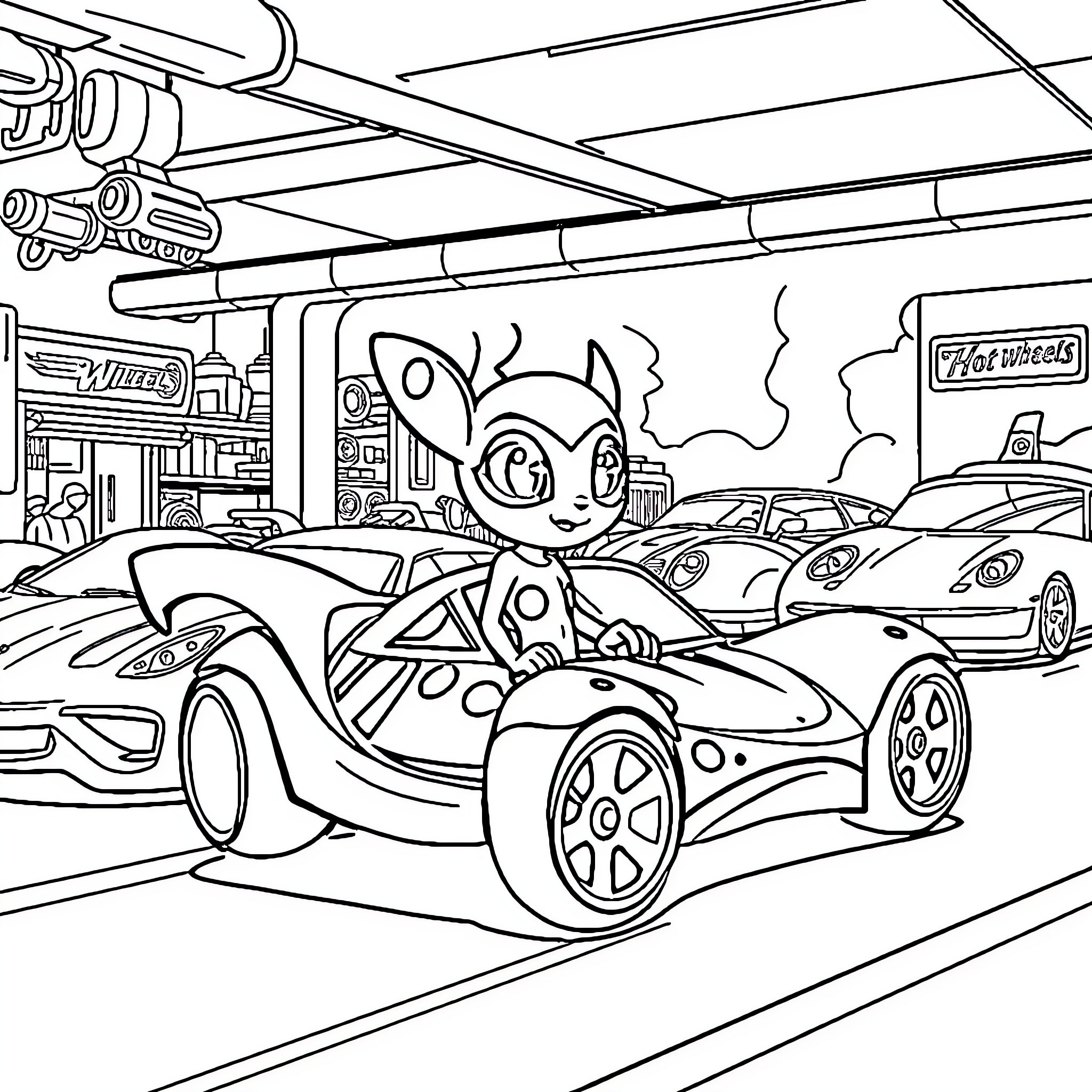 Hot Wheels Toy Cars and Cartoon Character in Garage Coloring Page (free black-and-white line drawing printable PDF for all, from beginners to advanced learners, including children, teens, adults, and seniors)