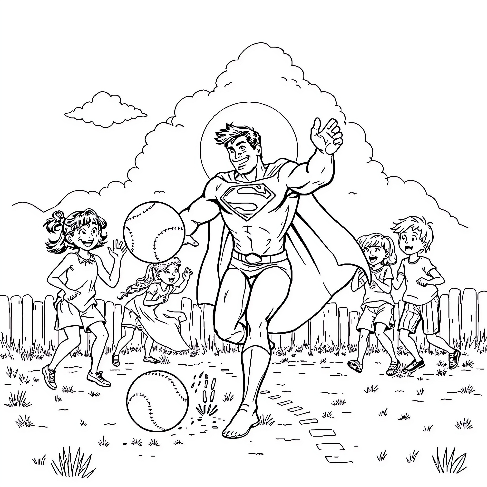 Superman heroically playing with children in nature Coloring Page (free black-and-white line drawing printable PDF for all, from beginners to advanced learners, including children, teens, adults, and seniors)