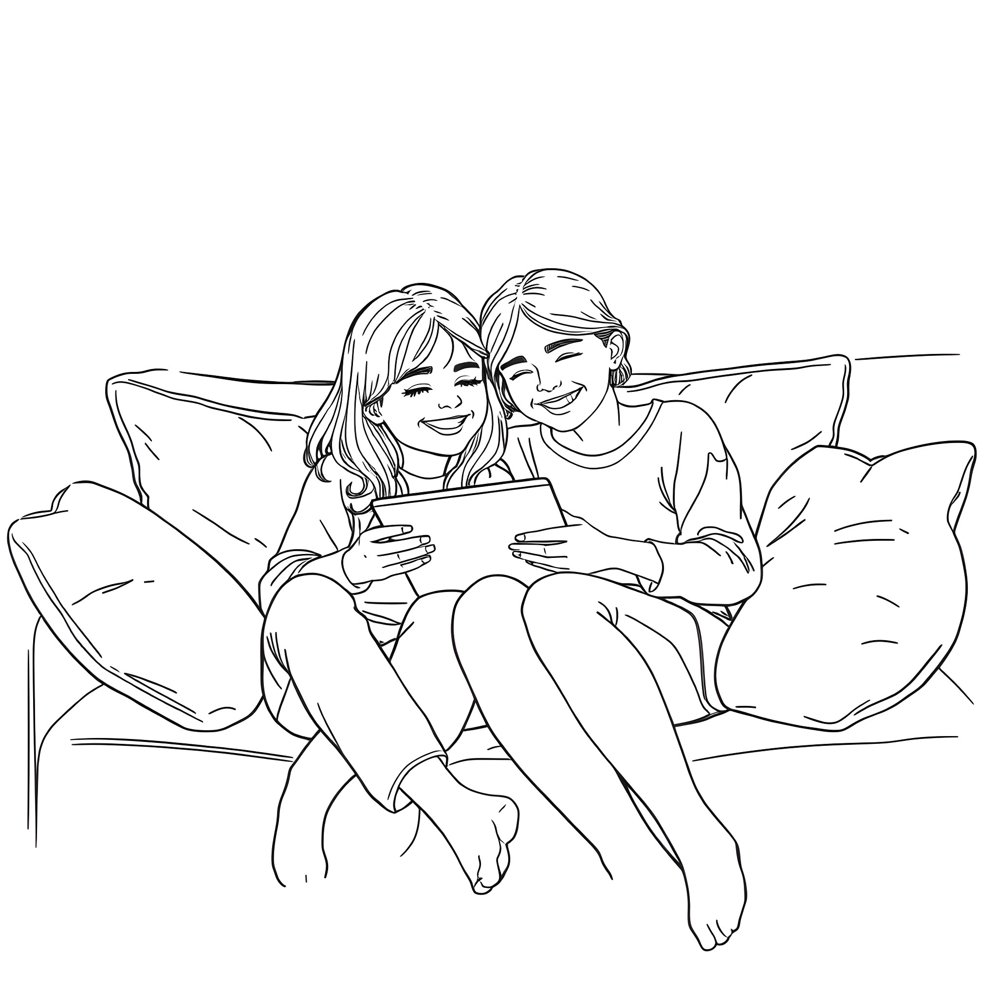 Sister sharing a device on the couch Coloring Page (free black-and-white line drawing printable PDF for all, from beginners to advanced learners, including children, teens, adults, and seniors)