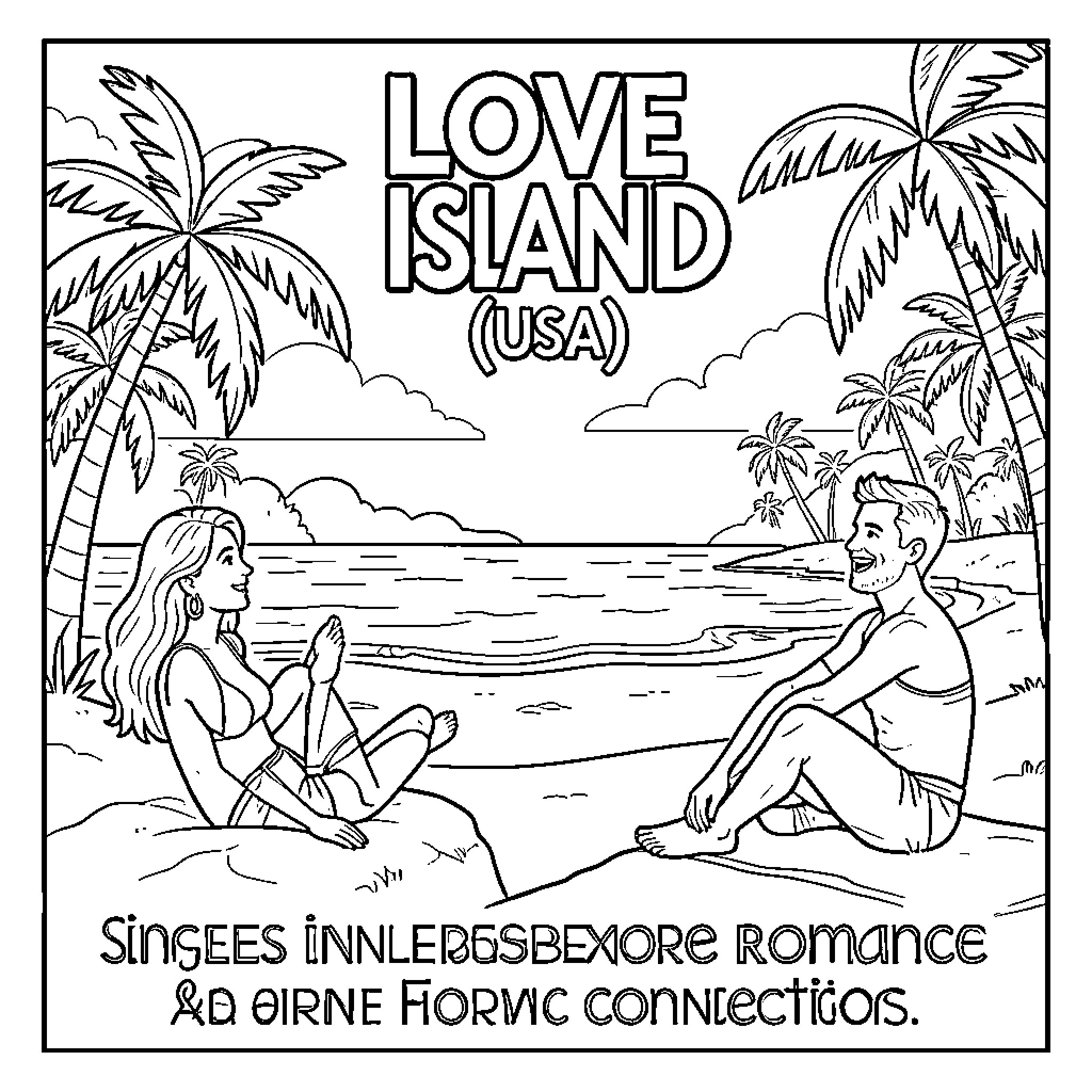 Love Island couple relaxing on a tropical beach Coloring Page (free black-and-white line drawing printable PDF for all, from beginners to advanced learners, including children, teens, adults, and seniors)