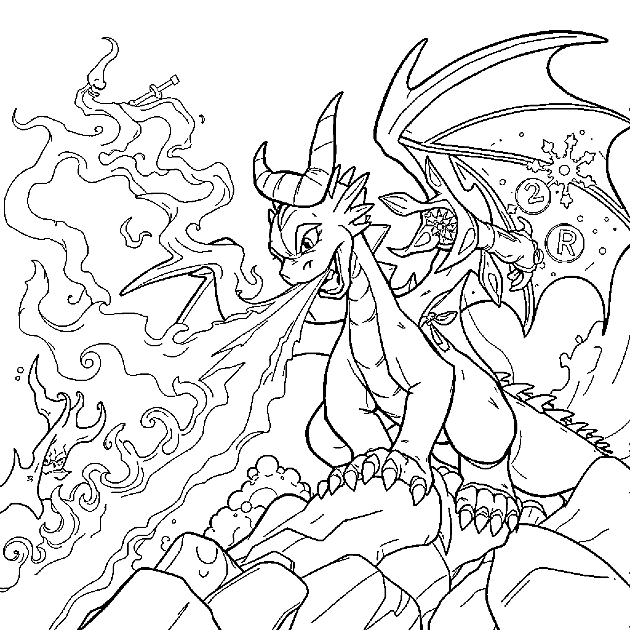 Spyro the Dragon in Fiery Battle Coloring Page (free black-and-white line drawing printable PDF for all, from beginners to advanced learners, including children, teens, adults, and seniors)