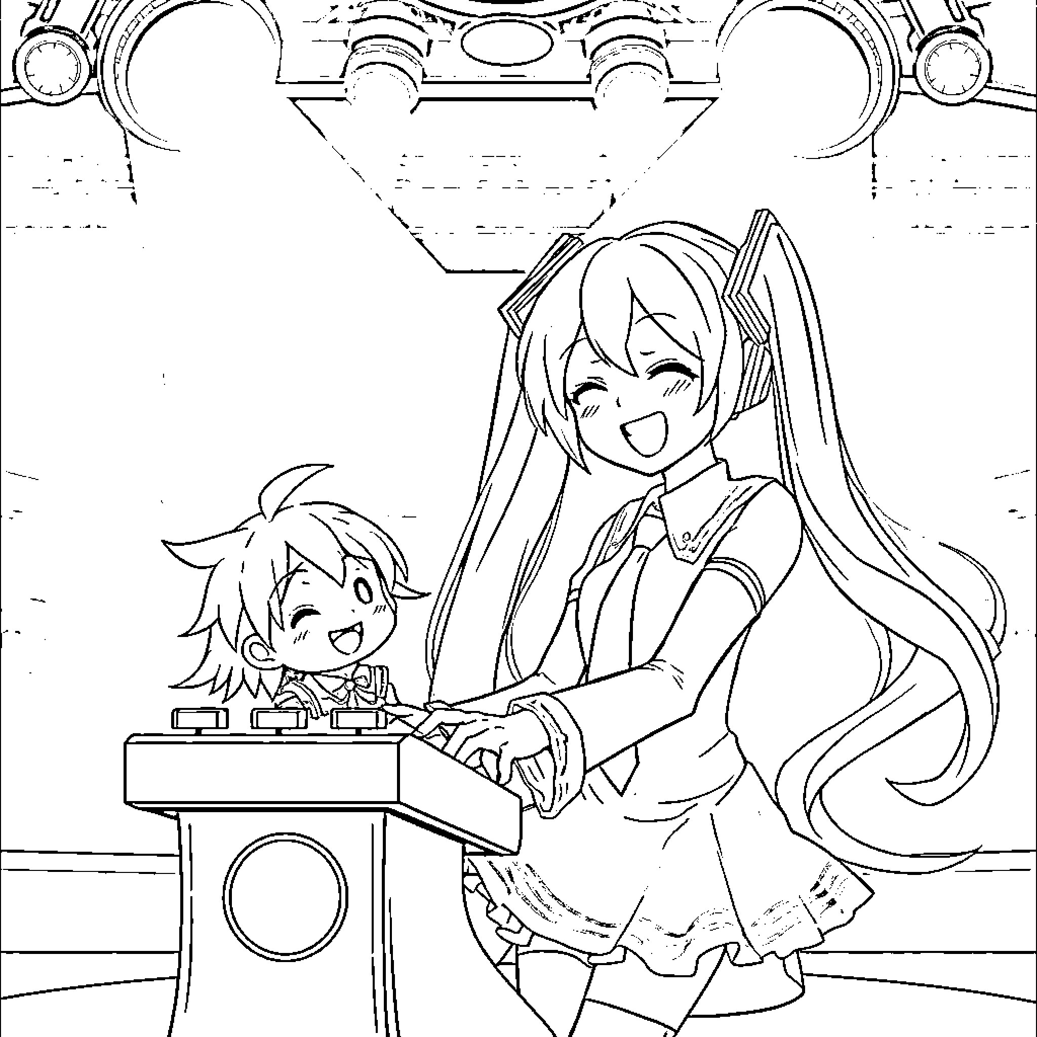 Hatsune Miku and Friend Enjoying Music Performance Coloring Page (free black-and-white line drawing printable PDF for all, from beginners to advanced learners, including children, teens, adults, and seniors)