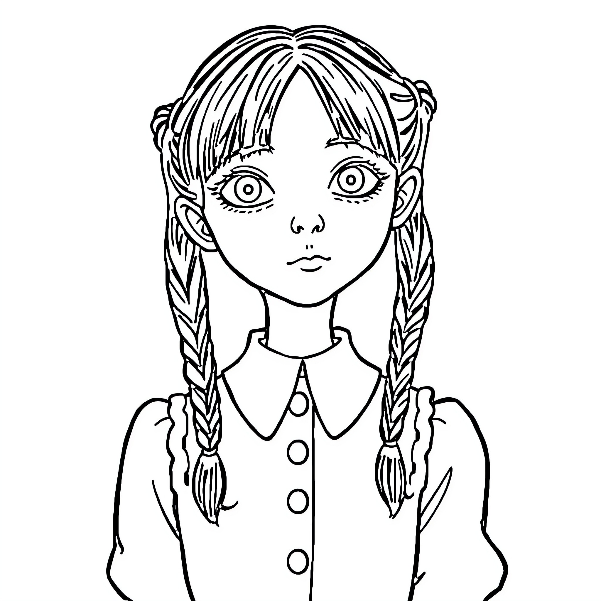Wednesday Adams with serious expression and braided hair Coloring Page (free black-and-white line drawing printable PDF for all, from beginners to advanced learners, including children, teens, adults, and seniors)