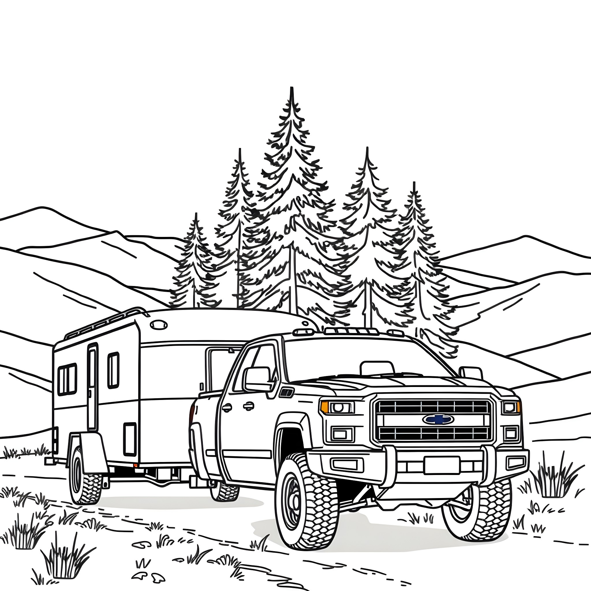 Pickup truck towing camper in mountain landscape Coloring Page (free black-and-white line drawing printable PDF for all, from beginners to advanced learners, including children, teens, adults, and seniors)