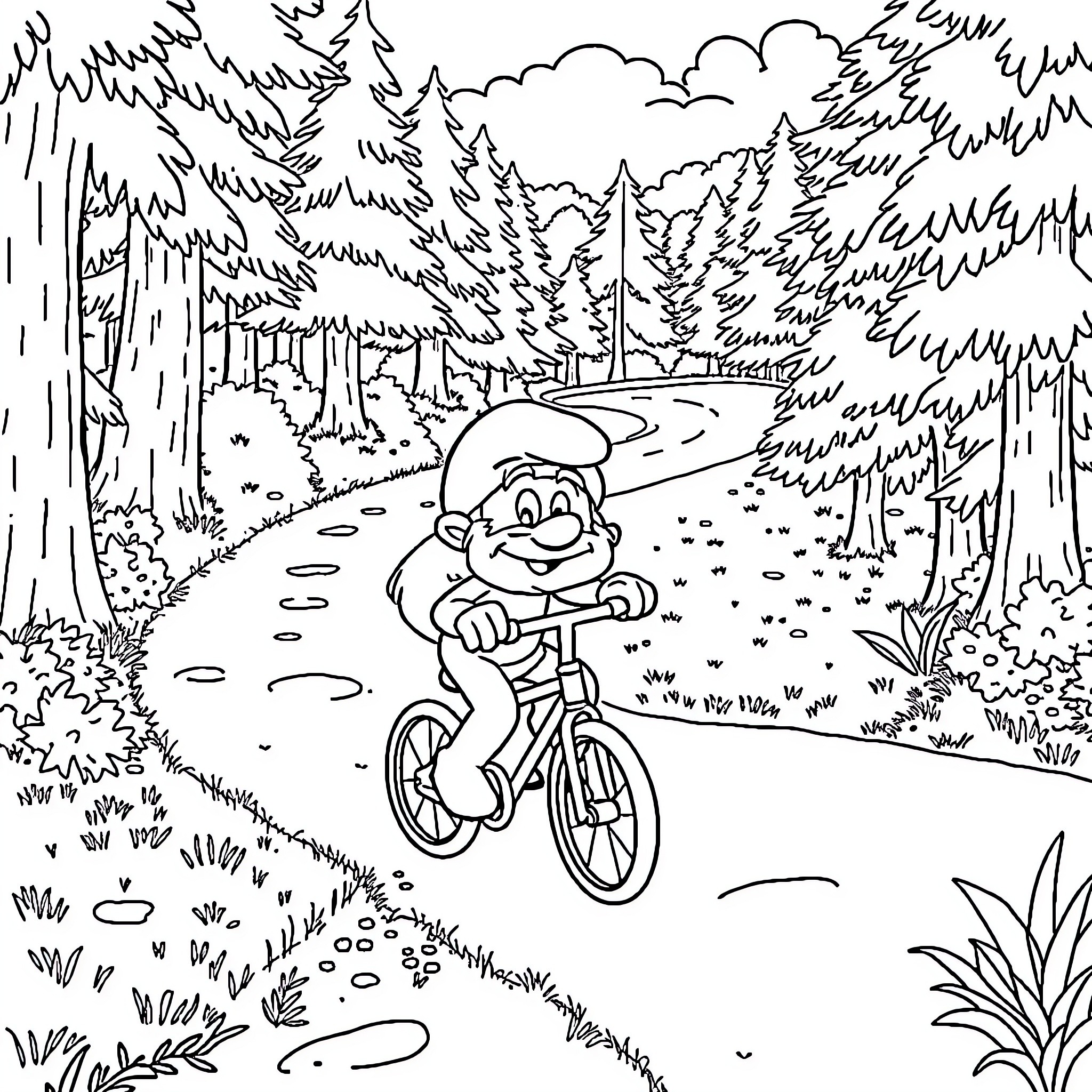 Smurf riding bicycle on forest path Coloring Page (free black-and-white line drawing printable PDF for all, from beginners to advanced learners, including children, teens, adults, and seniors)