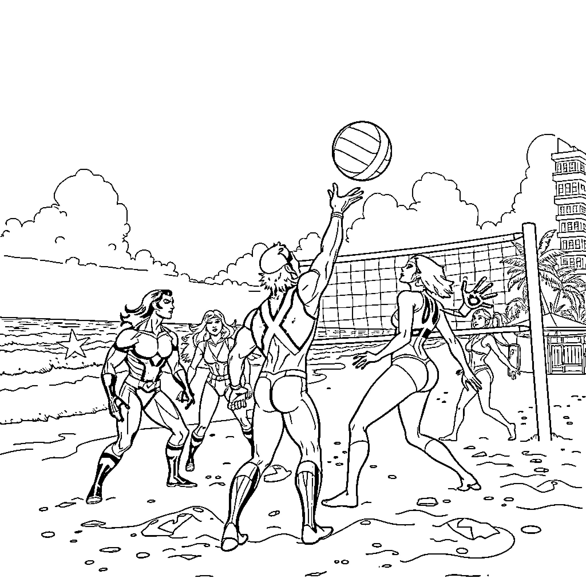 X-Men Playing Beach Volleyball on Sunny Day Coloring Page (free black-and-white line drawing printable PDF for all, from beginners to advanced learners, including children, teens, adults, and seniors)
