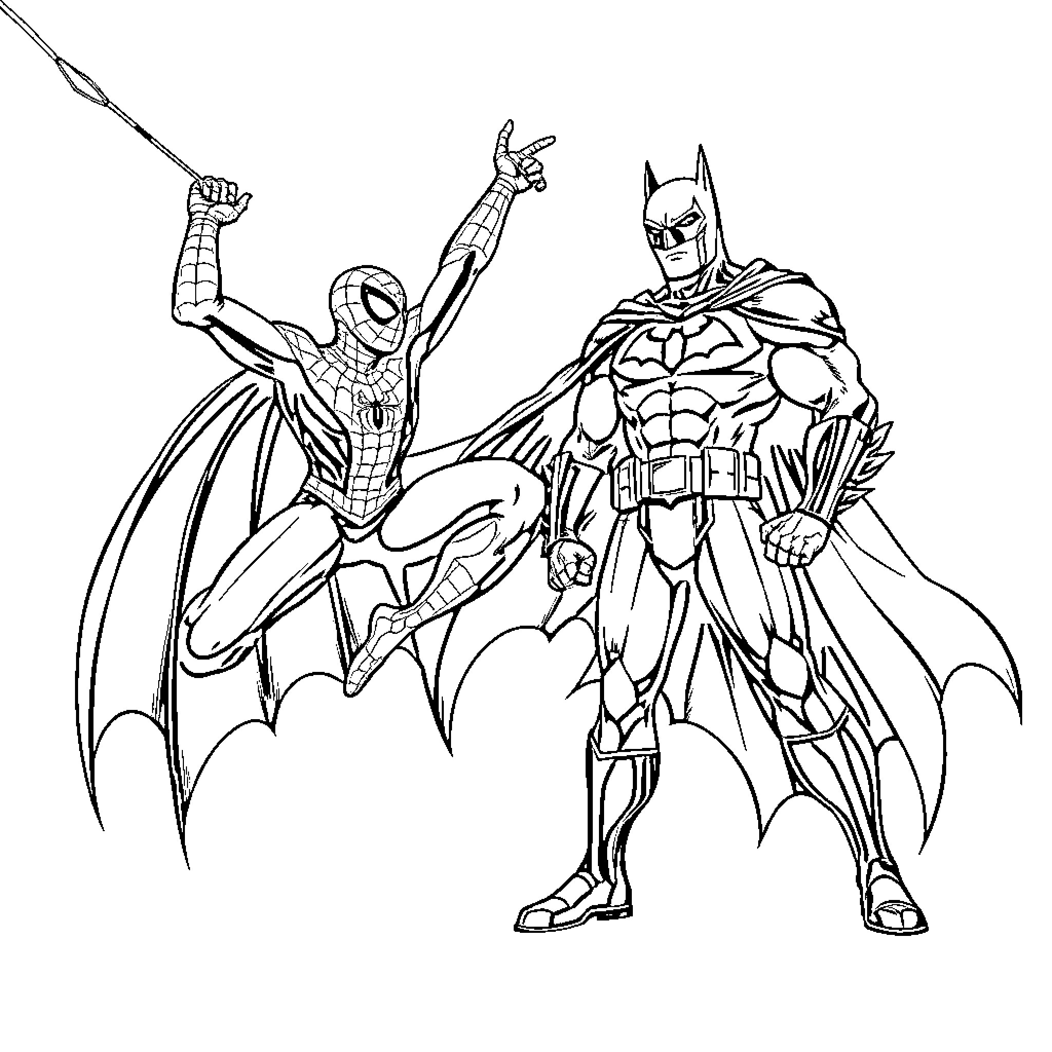 Spiderman and Batman team up for heroic action Coloring Page (free black-and-white line drawing printable PDF for all, from beginners to advanced learners, including children, teens, adults, and seniors)