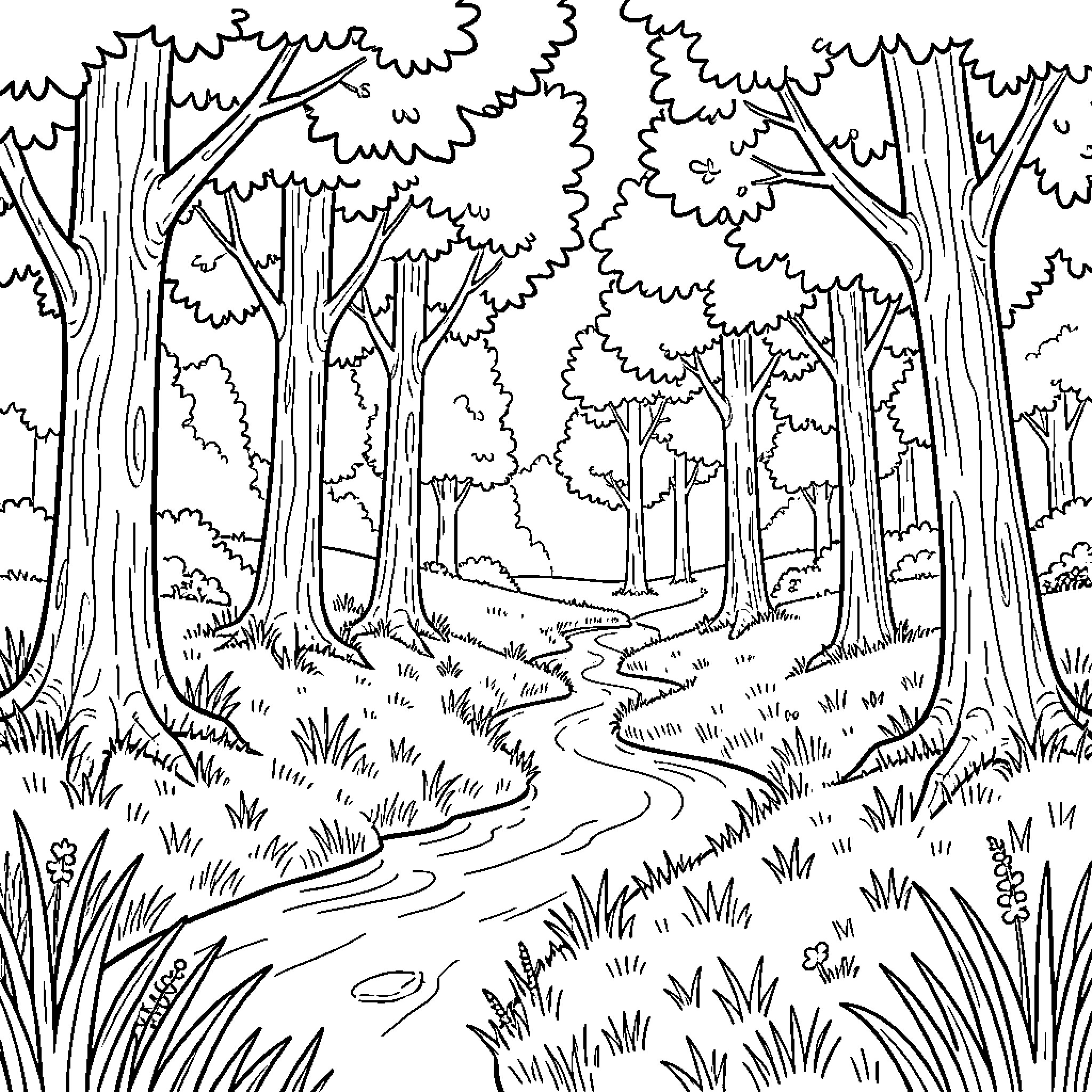 Nature scene with a winding stream through a forest Coloring Page (free black-and-white line drawing printable PDF for all, from beginners to advanced learners, including children, teens, adults, and seniors)