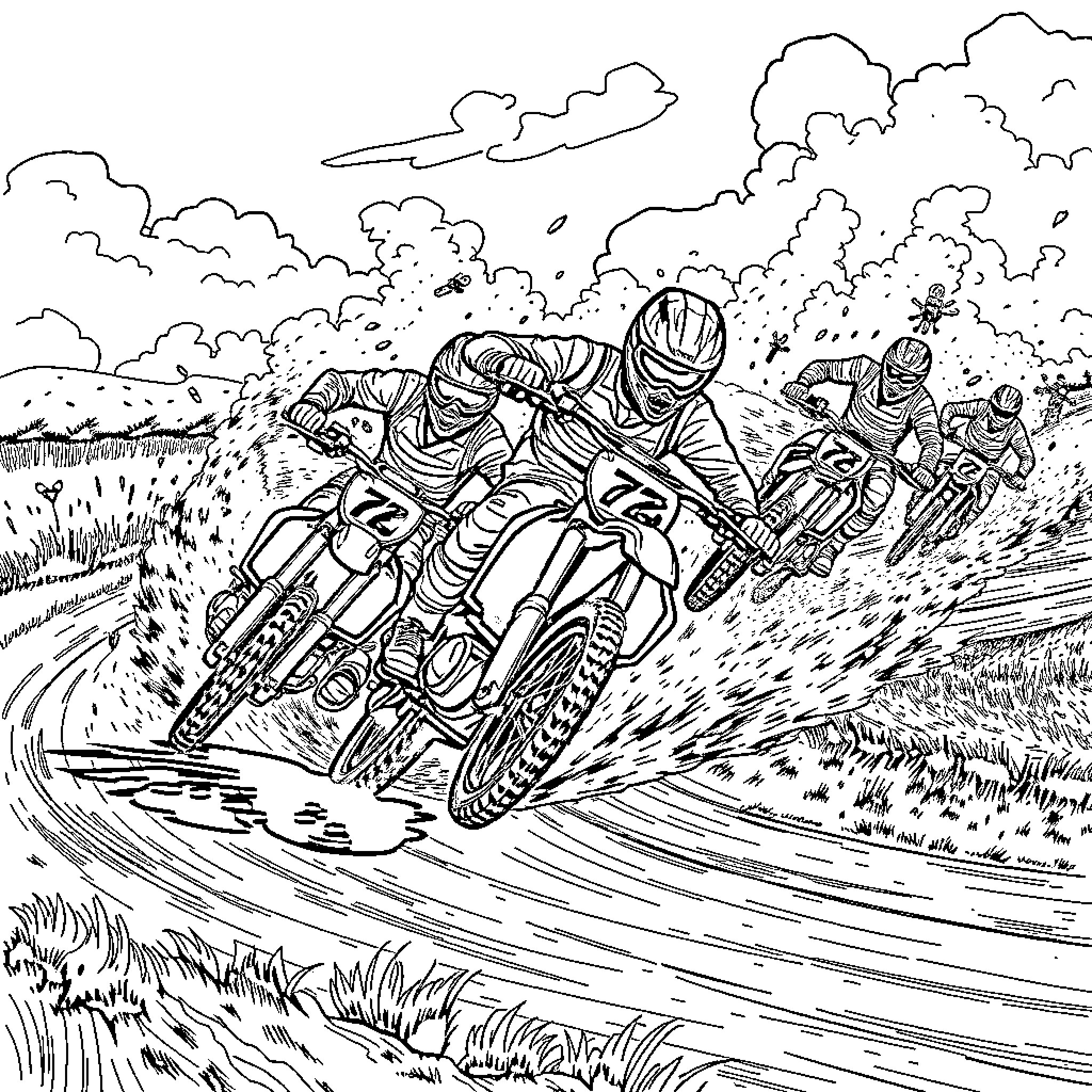 Dirt Bike Racers Speeding Through Challenging Terrain Coloring Page (free black-and-white line drawing printable PDF for all, from beginners to advanced learners, including children, teens, adults, and seniors)