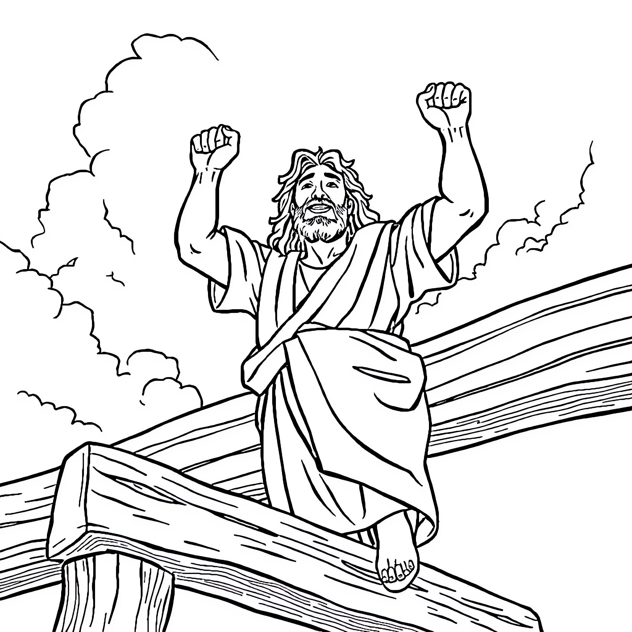 Jesus triumphantly raises his arms on the cross Coloring Page (free black-and-white line drawing printable PDF for all, from beginners to advanced learners, including children, teens, adults, and seniors)