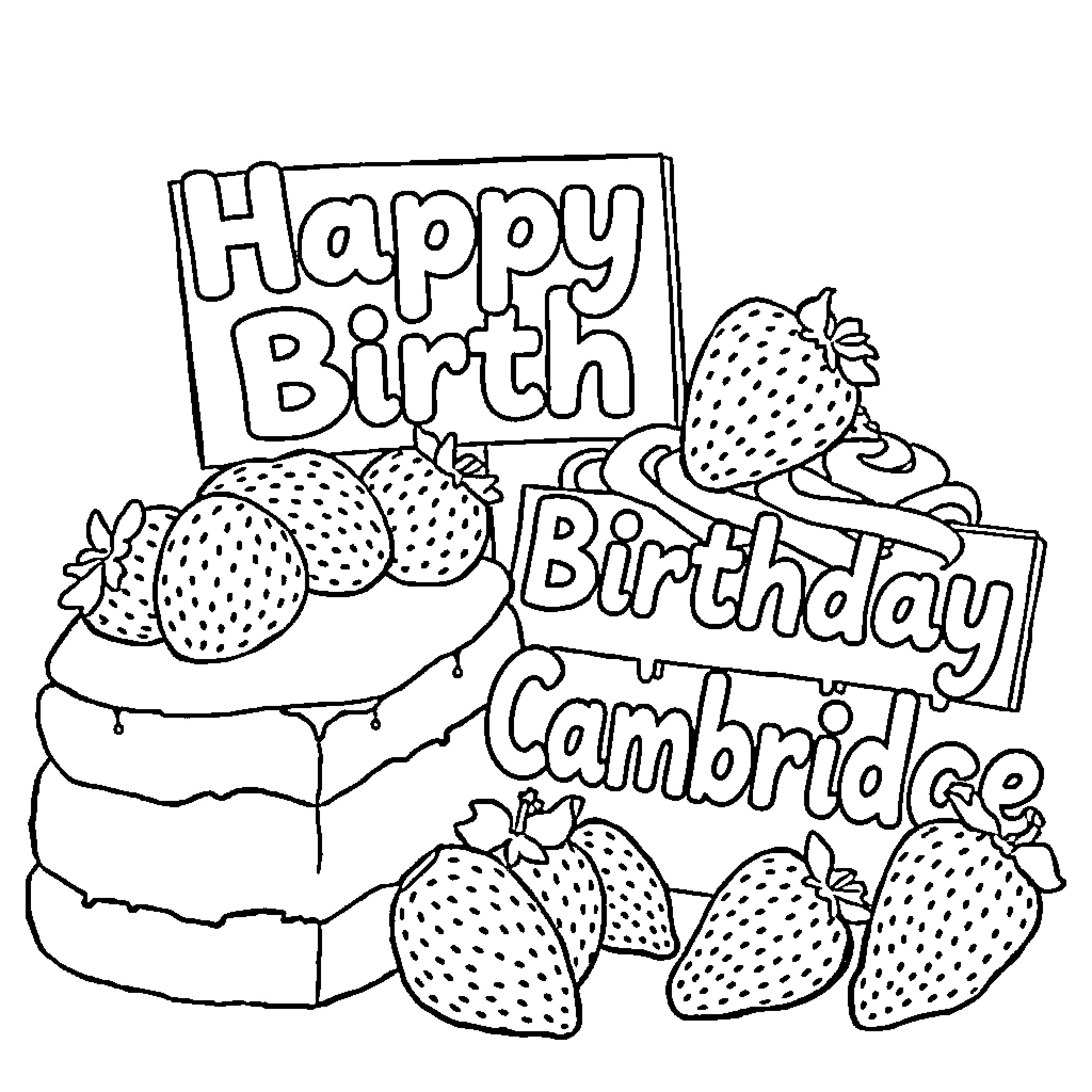 Cake with Strawberries for Birthday Celebration Coloring Page (free black-and-white line drawing printable PDF for all, from beginners to advanced learners, including children, teens, adults, and seniors)