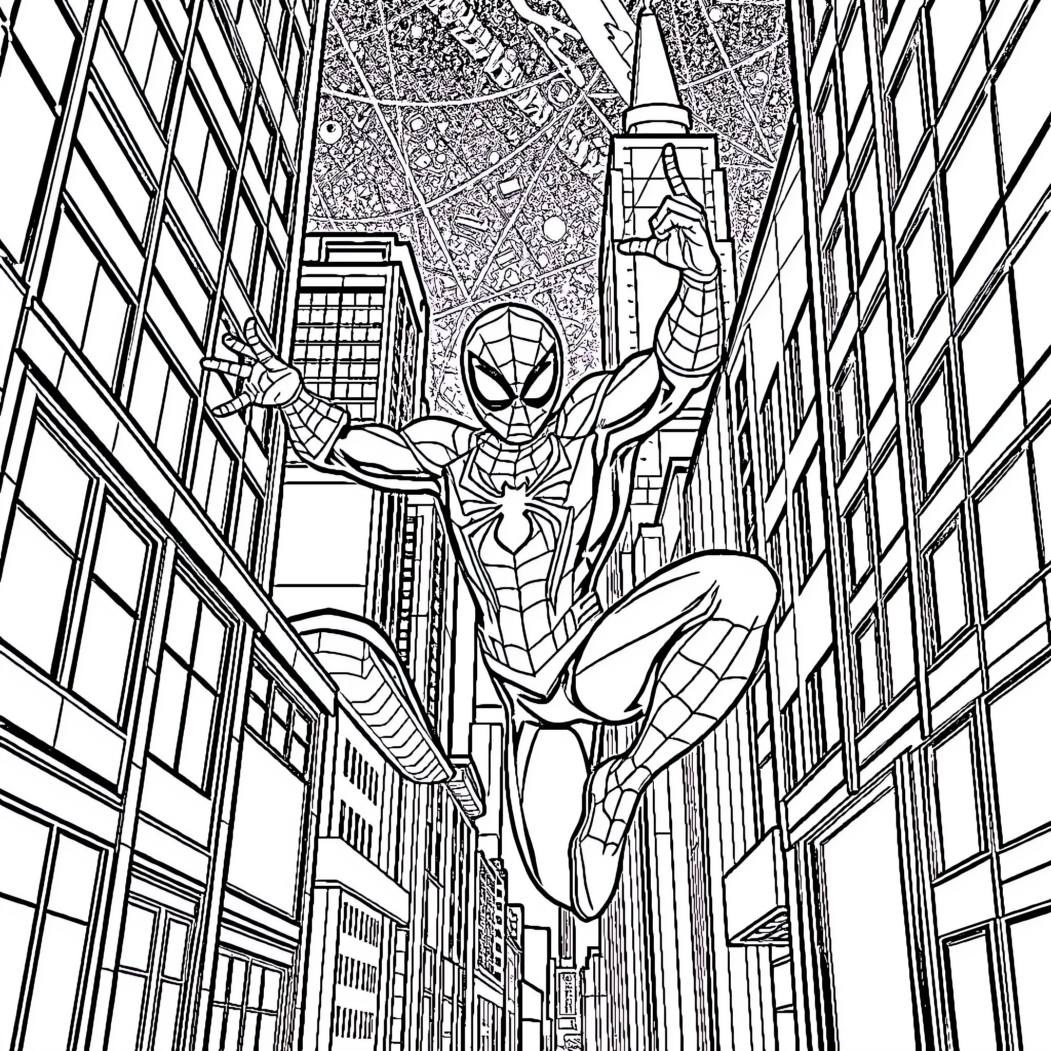 Spiderman swinging through the city skyline Coloring Page (free black-and-white line drawing printable PDF for all, from beginners to advanced learners, including children, teens, adults, and seniors)
