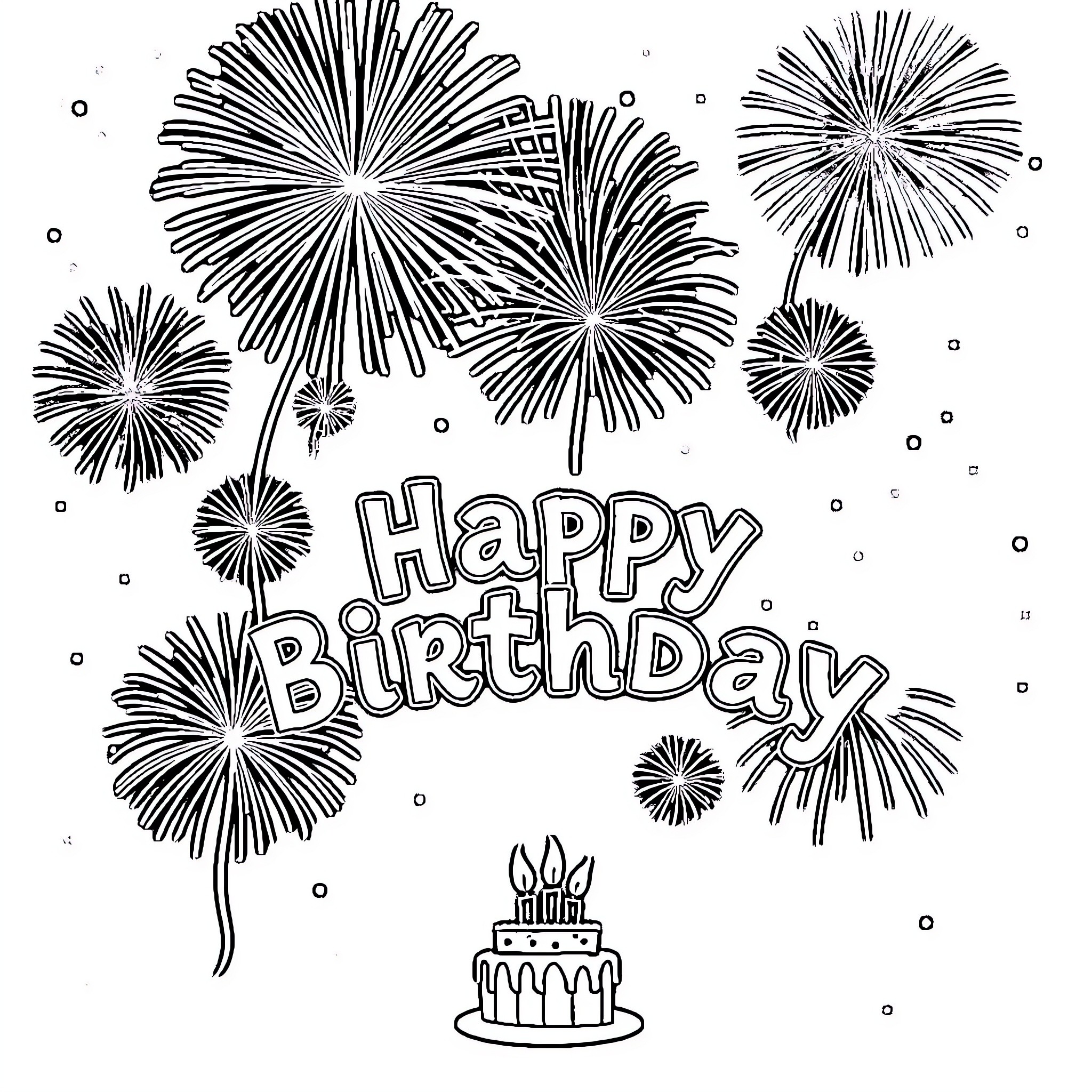 Birthday celebration with fireworks display Coloring Page (free black-and-white line drawing printable PDF for all, from beginners to advanced learners, including children, teens, adults, and seniors)