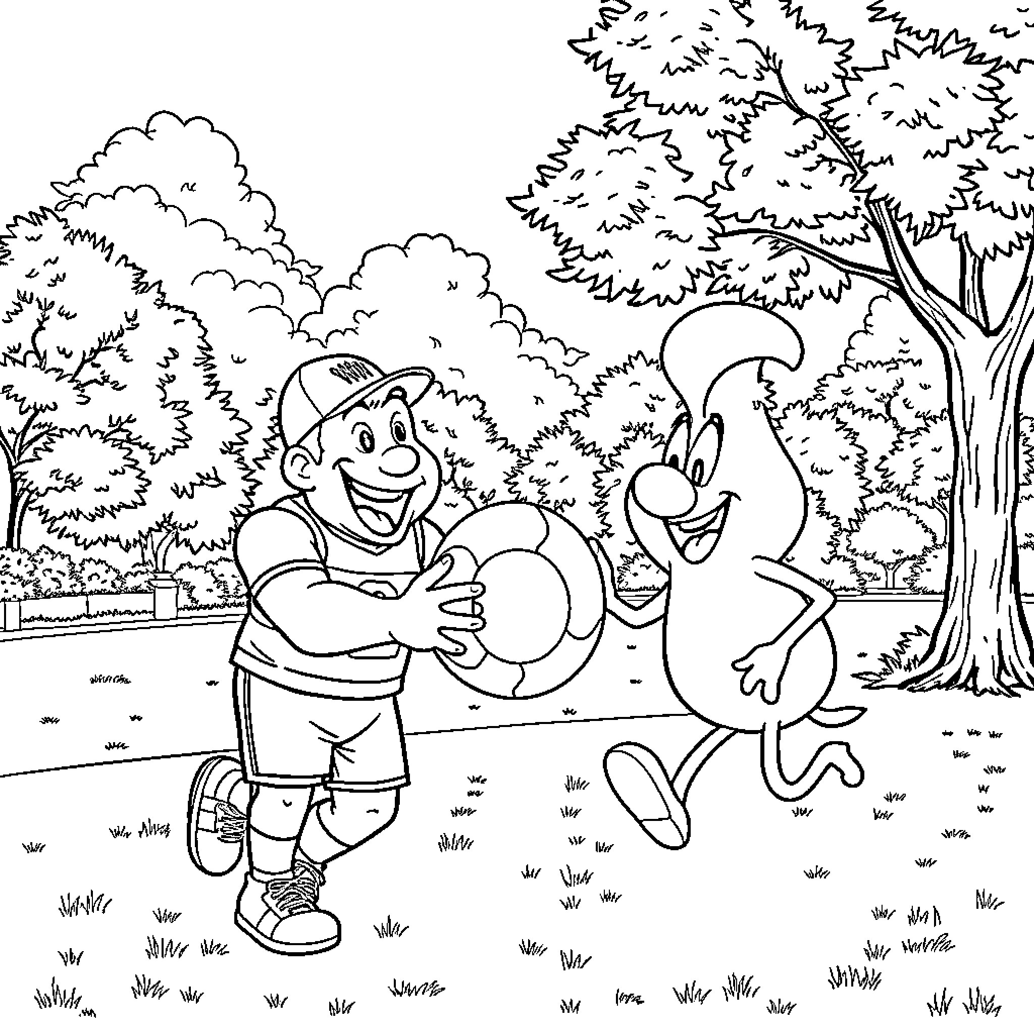 John Cena playing happily with cartoon character in nature Coloring Page (free black-and-white line drawing printable PDF for all, from beginners to advanced learners, including children, teens, adults, and seniors)