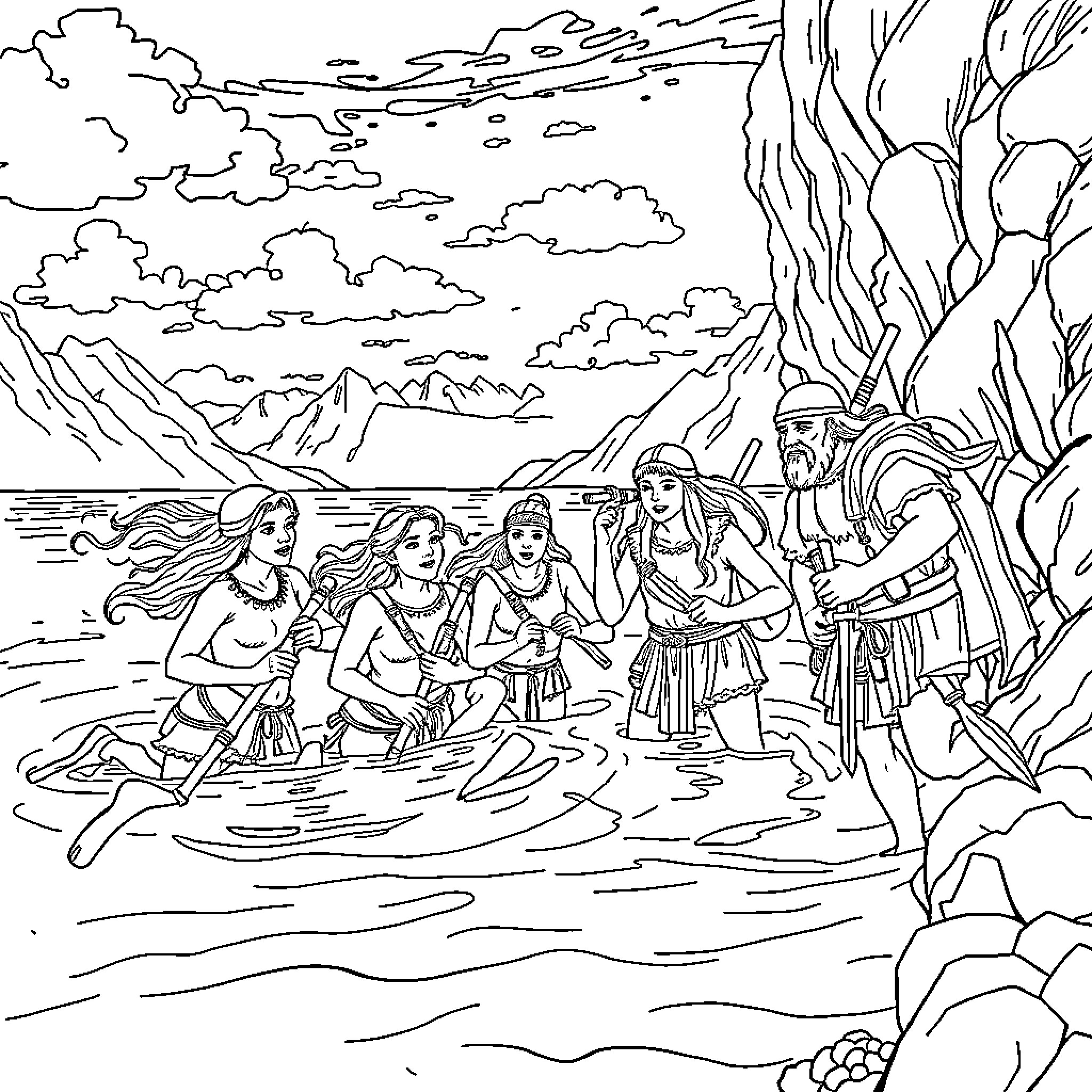Viking warriors in an epic battle by the sea Coloring Page (free black-and-white line drawing printable PDF for all, from beginners to advanced learners, including children, teens, adults, and seniors)
