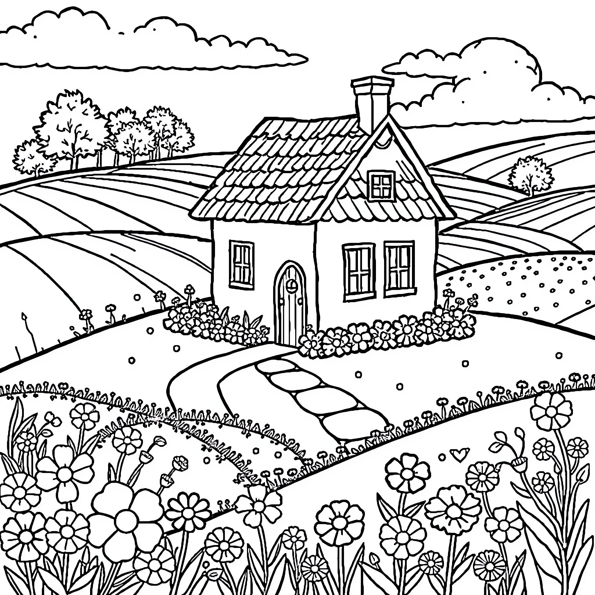 House in a Blooming Countryside Landscape Coloring Page (free black-and-white line drawing printable PDF for all, from beginners to advanced learners, including children, teens, adults, and seniors)