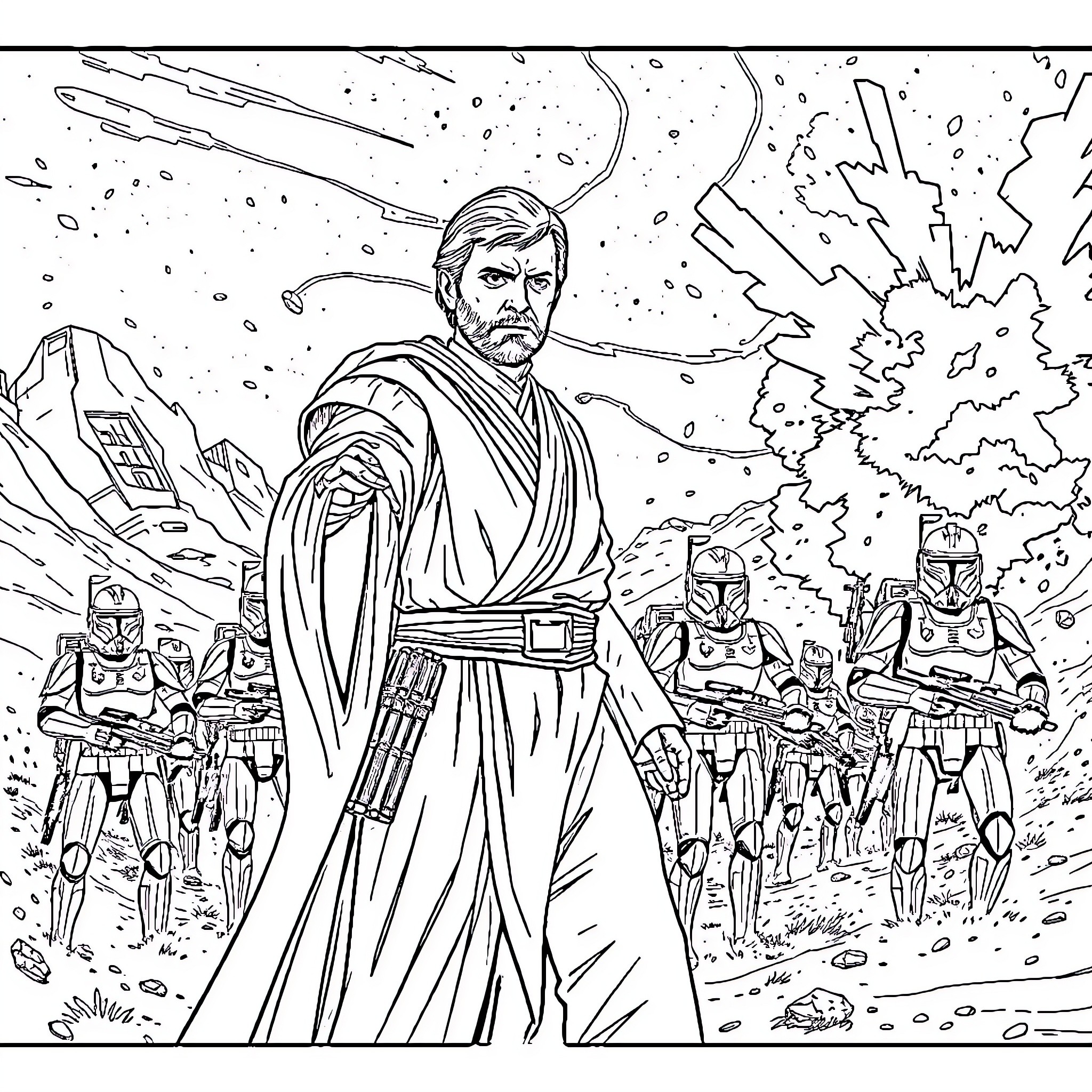 Obi-Wan Kenobi leading Clone Troopers in a battle Coloring Page (free black-and-white line drawing printable PDF for all, from beginners to advanced learners, including children, teens, adults, and seniors)
