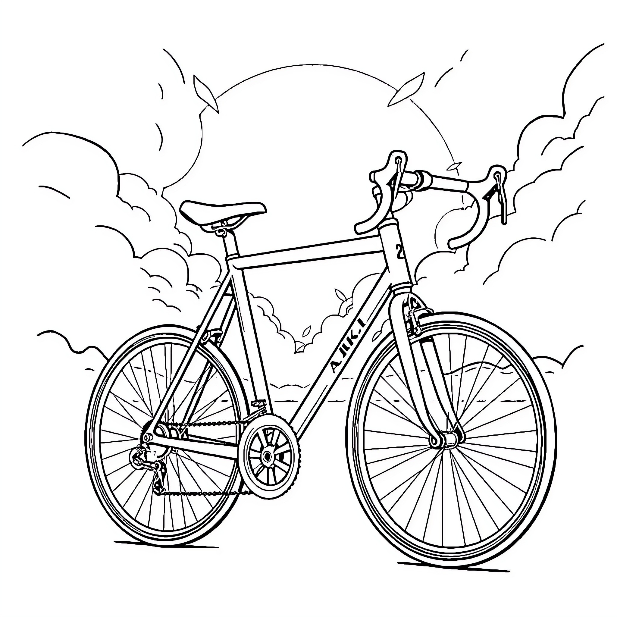 Bike racing through cloudy skies Coloring Page (free black-and-white line drawing printable PDF for all, from beginners to advanced learners, including children, teens, adults, and seniors)