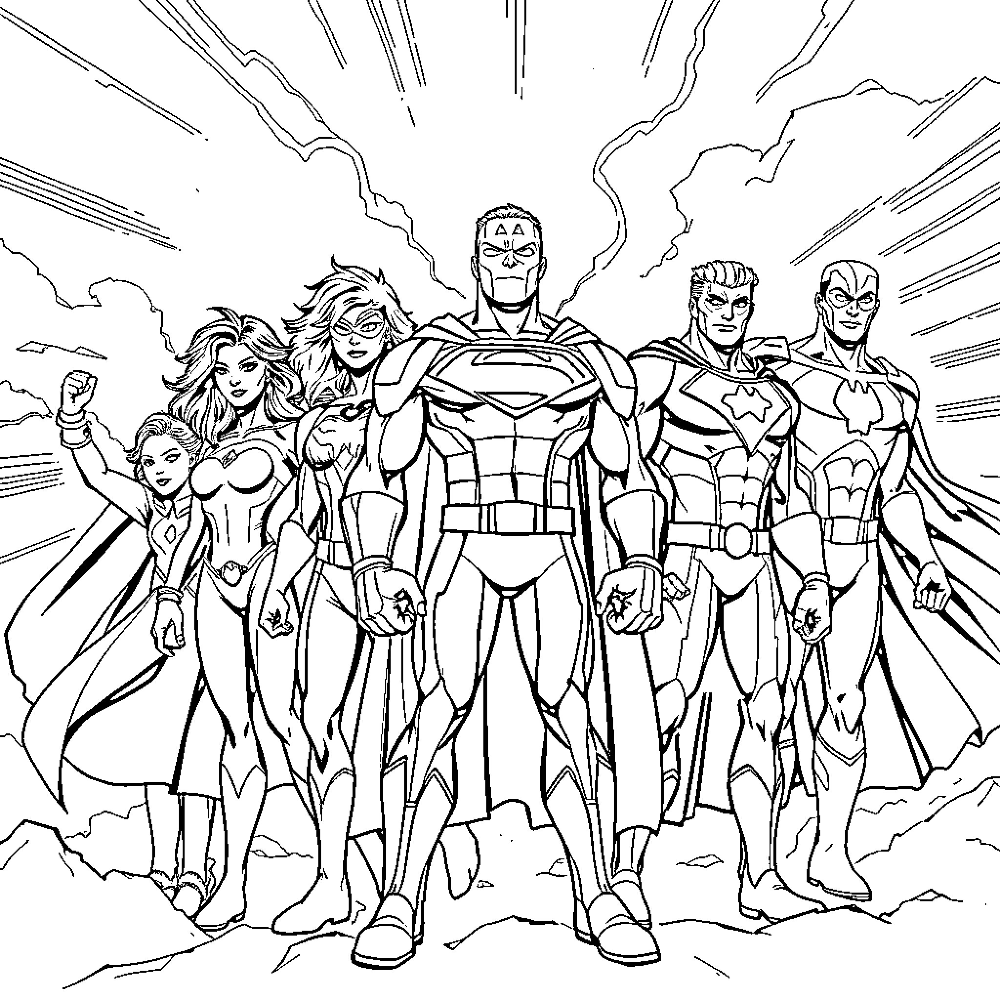 Super Heroes Unite to Fight Evil Coloring Page (free black-and-white line drawing printable PDF for all, from beginners to advanced learners, including children, teens, adults, and seniors)