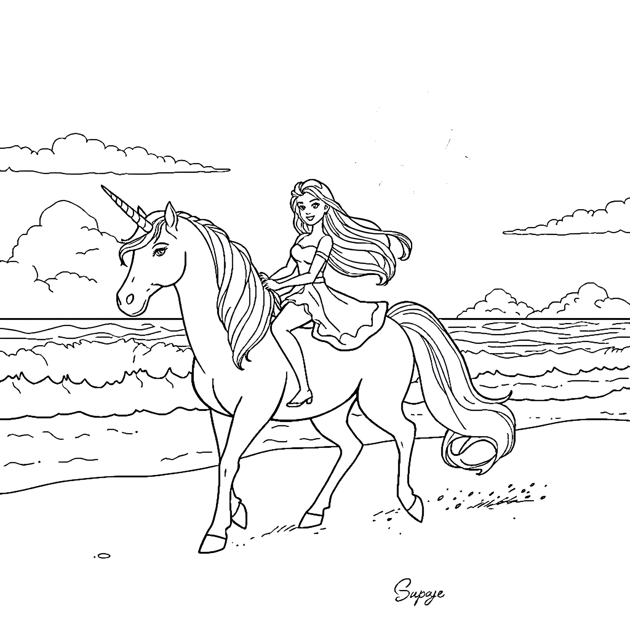 Barbie riding a majestic unicorn by the seaside Coloring Page (free black-and-white line drawing printable PDF for all, from beginners to advanced learners, including children, teens, adults, and seniors)