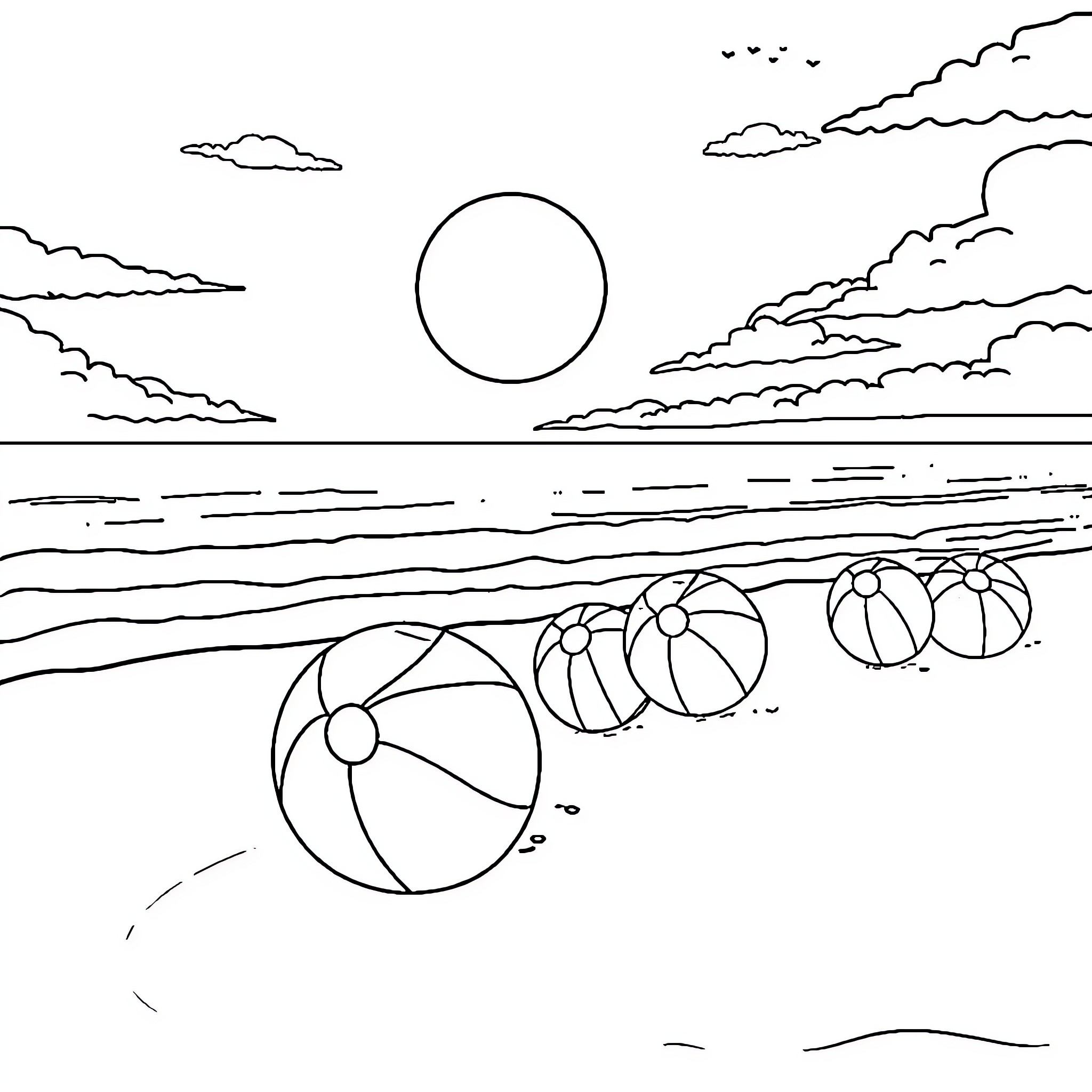 Beach Ball Fun in the Waves Coloring Page (free black-and-white line drawing printable PDF for all, from beginners to advanced learners, including children, teens, adults, and seniors)