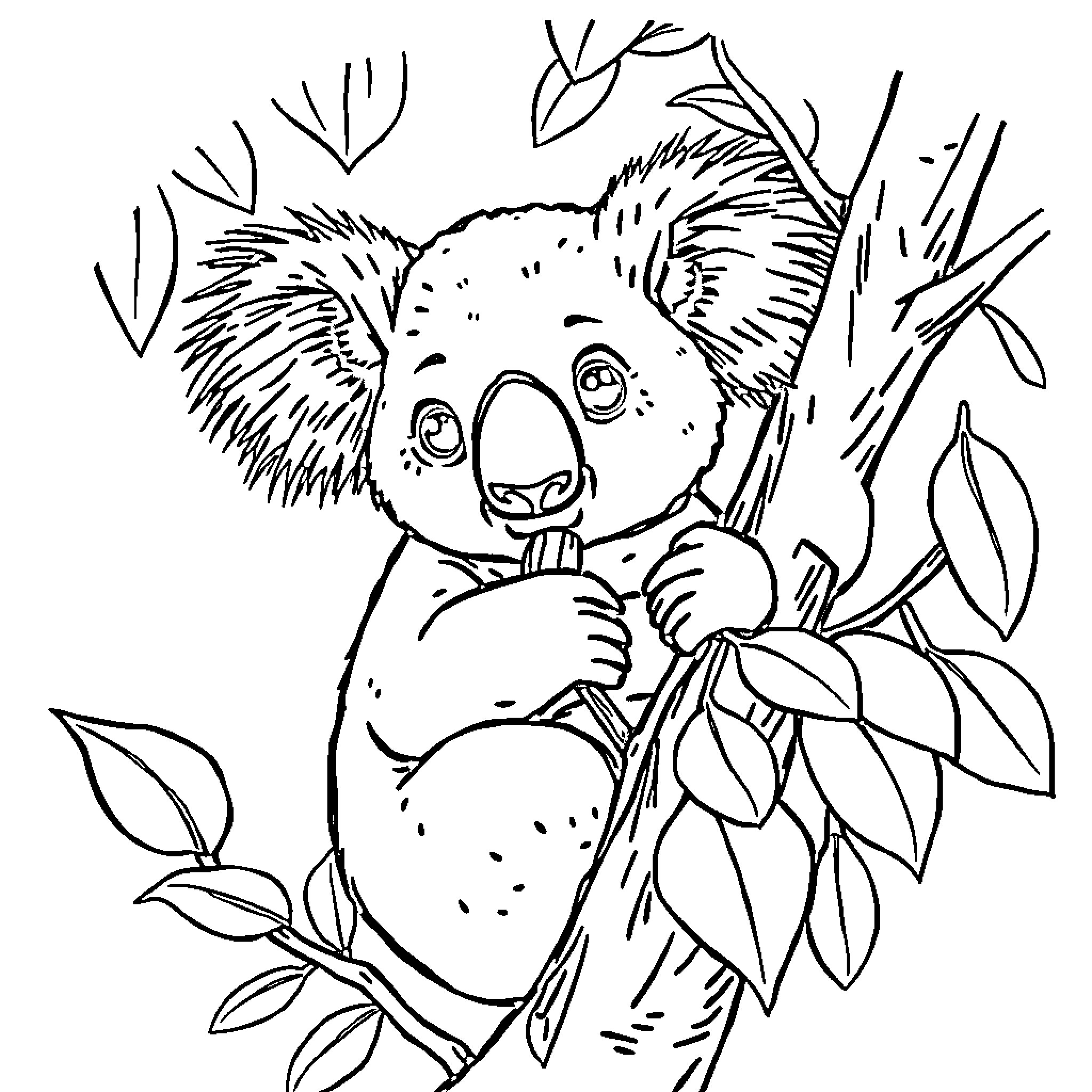 Koala climbing branch with eucalyptus leaves Coloring Page (free black-and-white line drawing printable PDF for all, from beginners to advanced learners, including children, teens, adults, and seniors)
