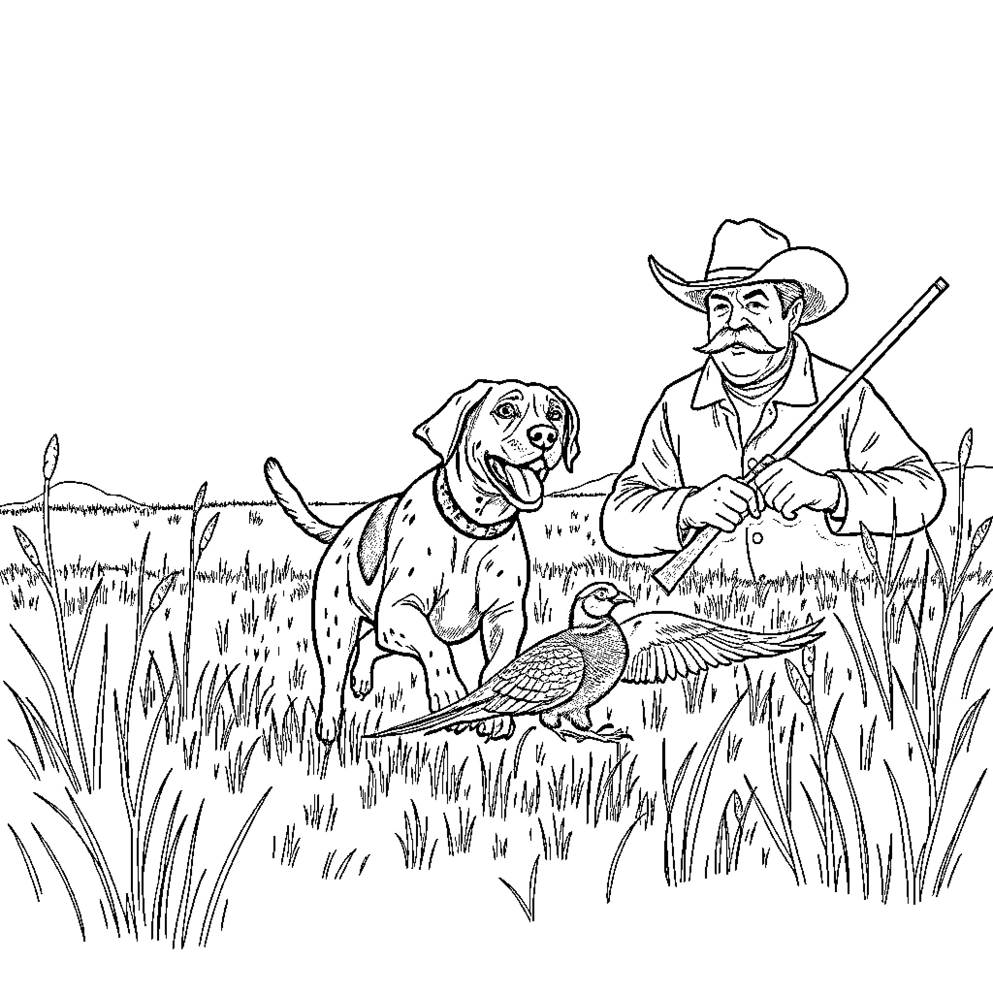 German Shorthair Pointer hunting with owner in field Coloring Page (free black-and-white line drawing printable PDF for all, from beginners to advanced learners, including children, teens, adults, and seniors)