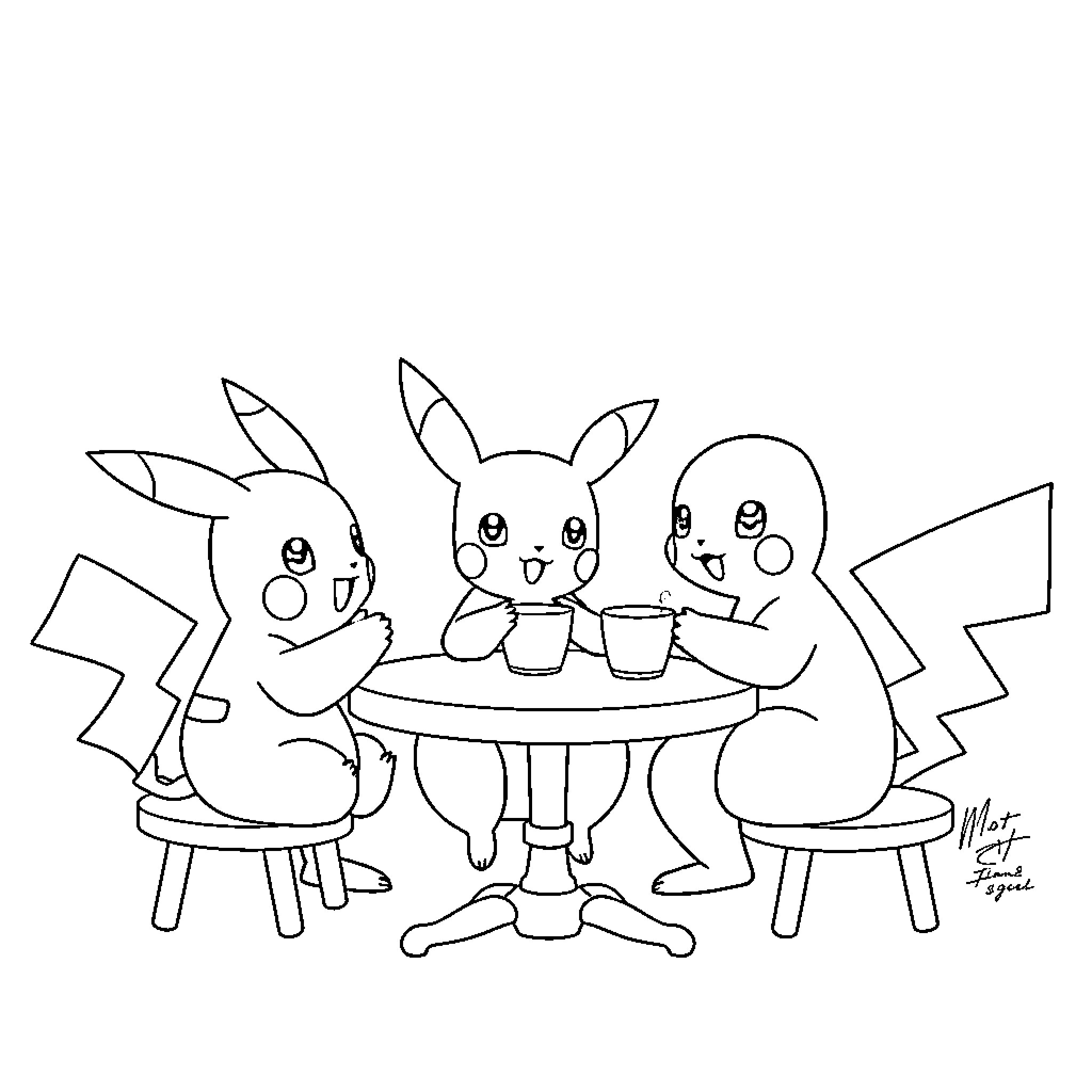 Pokémon friends enjoying a tea party Coloring Page (free black-and-white line drawing printable PDF for all, from beginners to advanced learners, including children, teens, adults, and seniors)