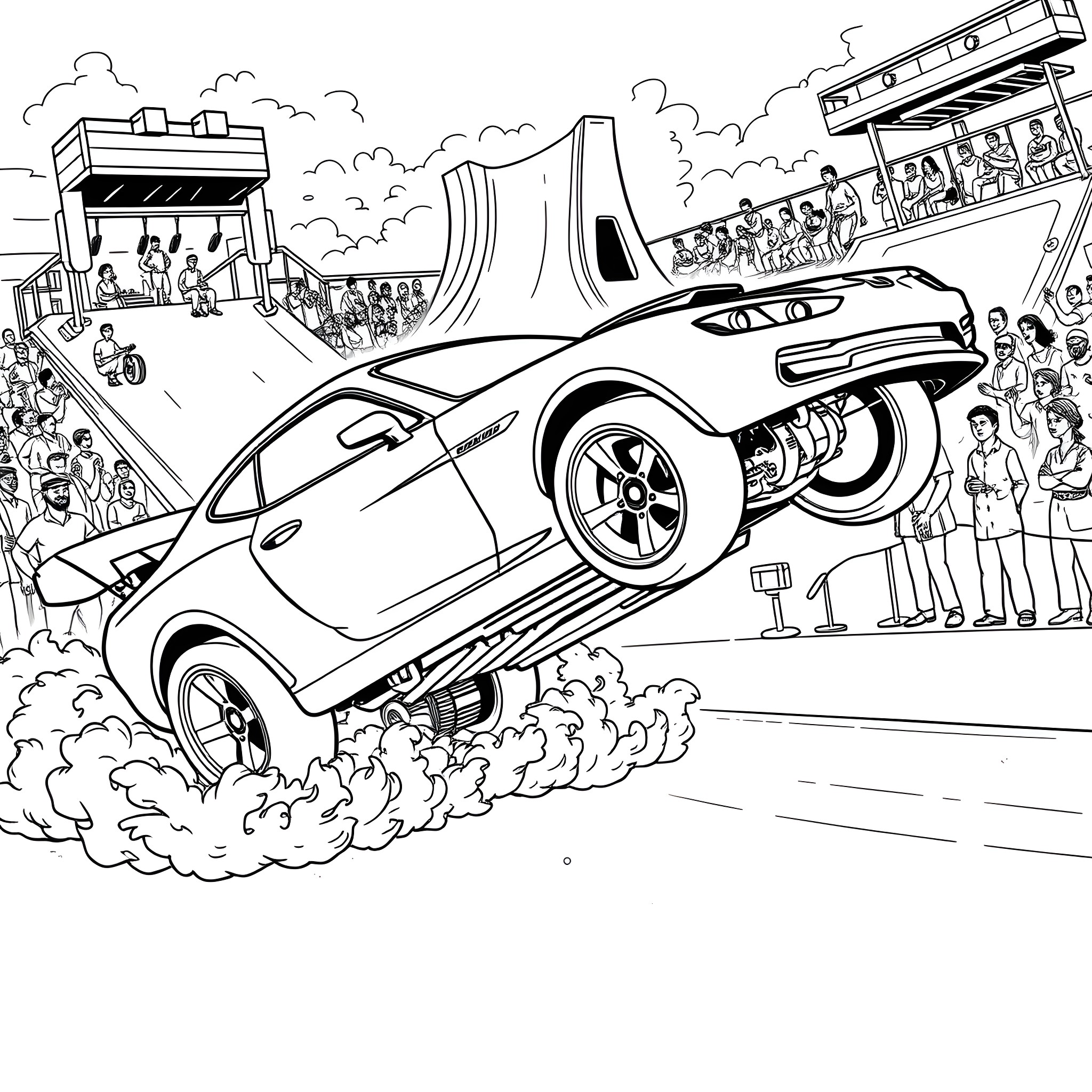 Hot Wheels racing car stunt show with spectators Coloring Page (free black-and-white line drawing printable PDF for all, from beginners to advanced learners, including children, teens, adults, and seniors)