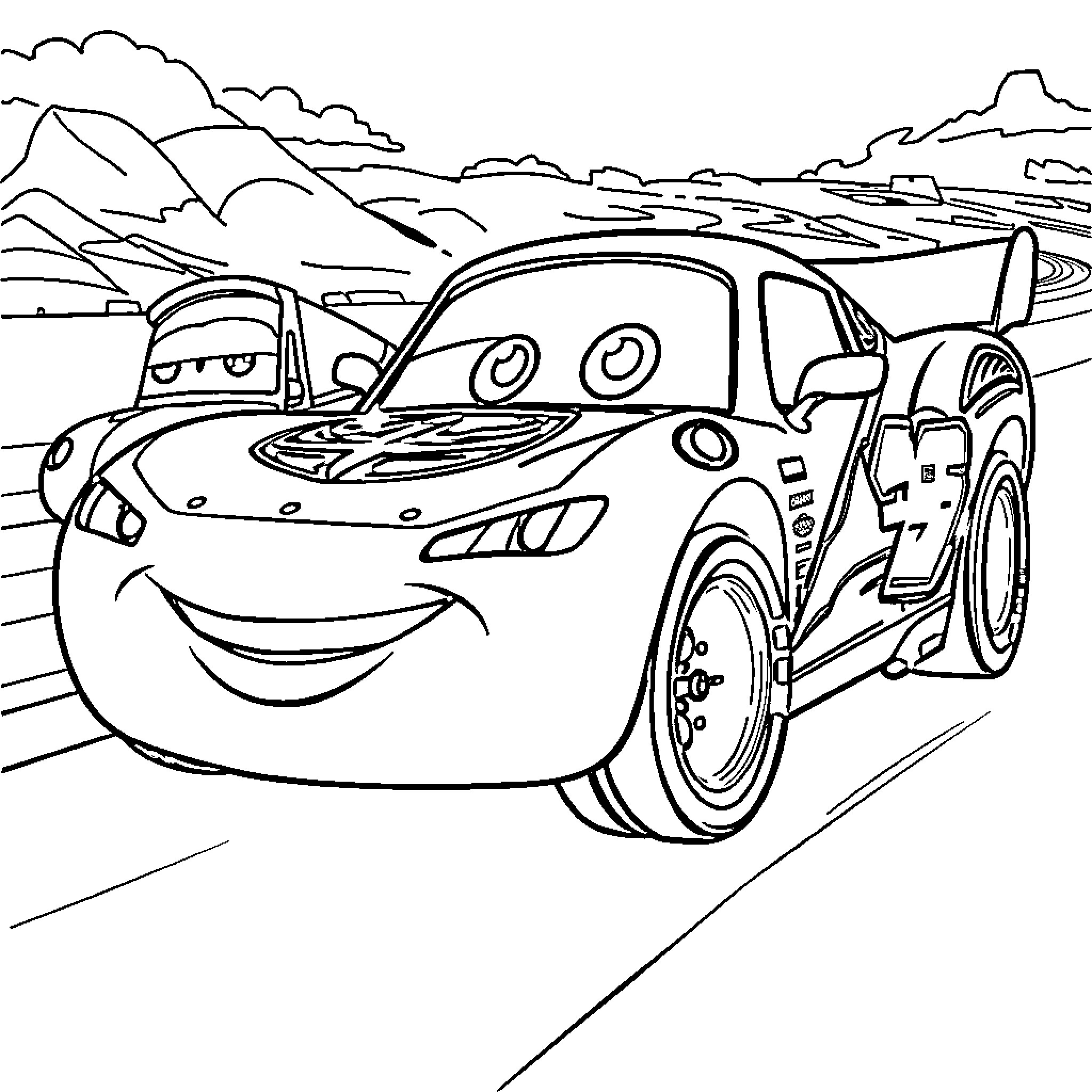 Lightning McQueen speeding through the race track Coloring Page (free black-and-white line drawing printable PDF for all, from beginners to advanced learners, including children, teens, adults, and seniors)