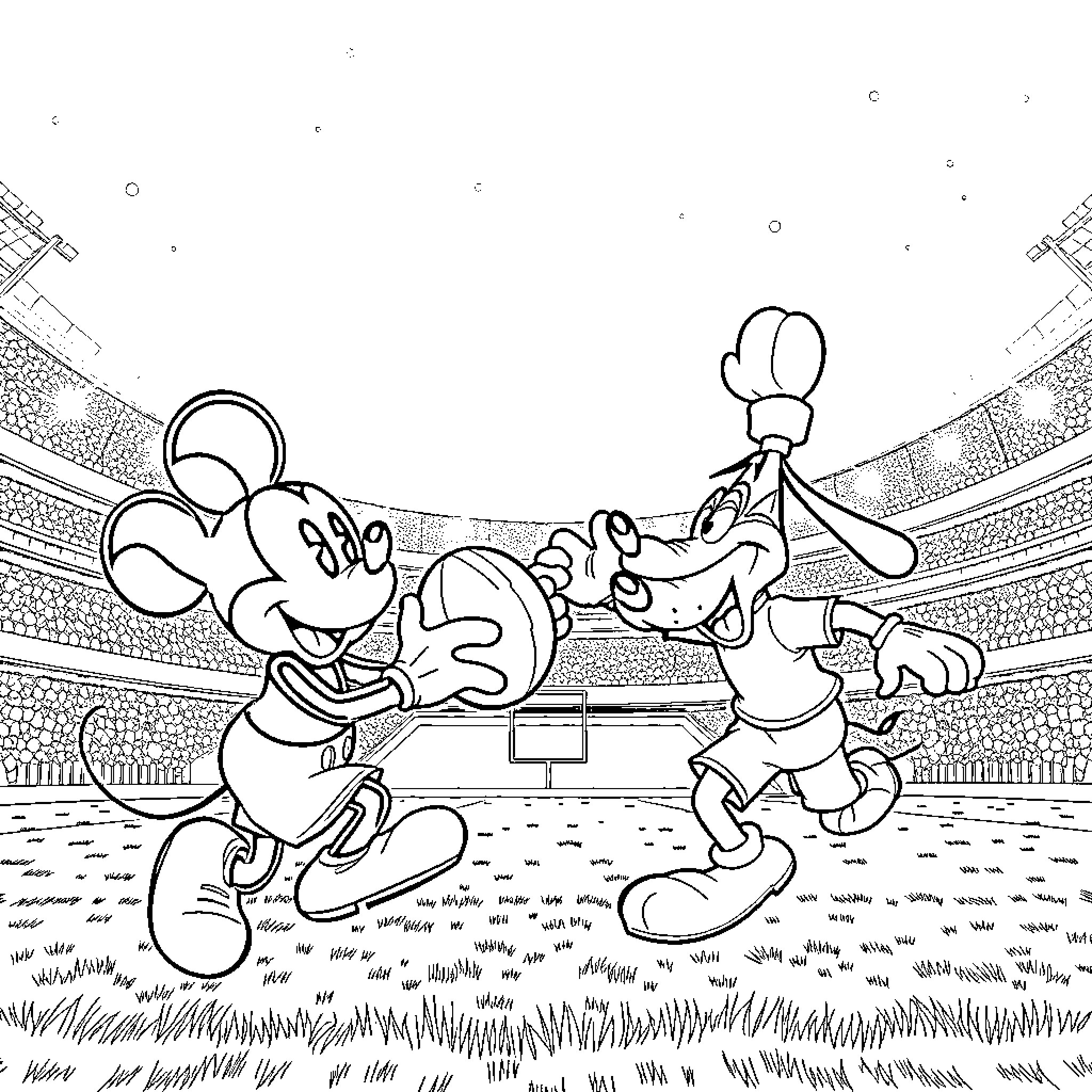 Mickey and friends engaged in playful antics on the field Coloring Page (free black-and-white line drawing printable PDF for all, from beginners to advanced learners, including children, teens, adults, and seniors)