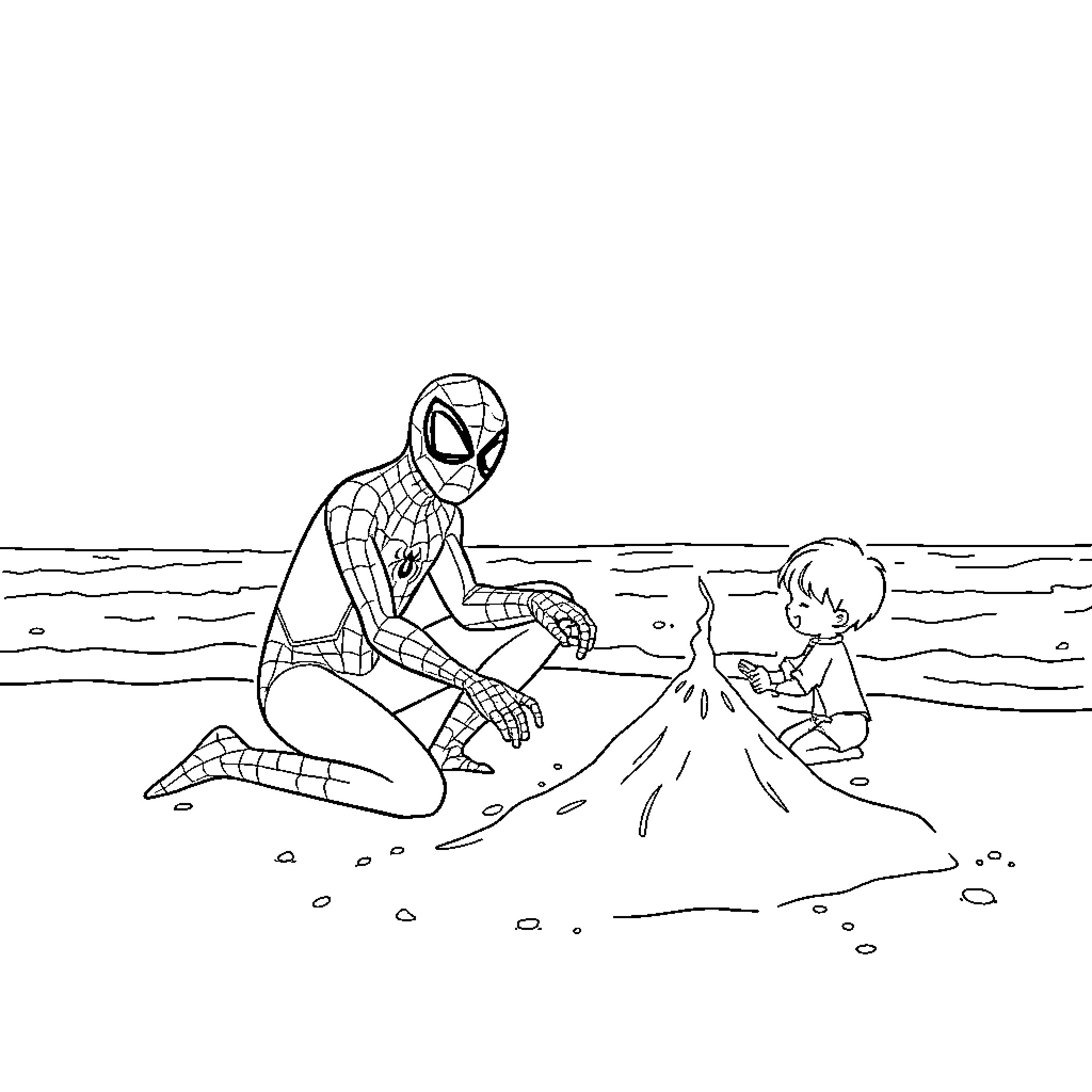Spiderman helping a young boy on the beach Coloring Page (free black-and-white line drawing printable PDF for all, from beginners to advanced learners, including children, teens, adults, and seniors)