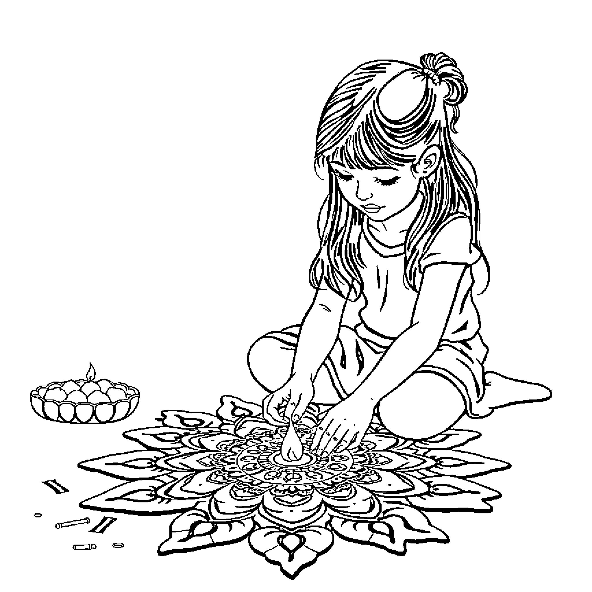 Girl creatively drawing a mandala design Coloring Page (free black-and-white line drawing printable PDF for all, from beginners to advanced learners, including children, teens, adults, and seniors)