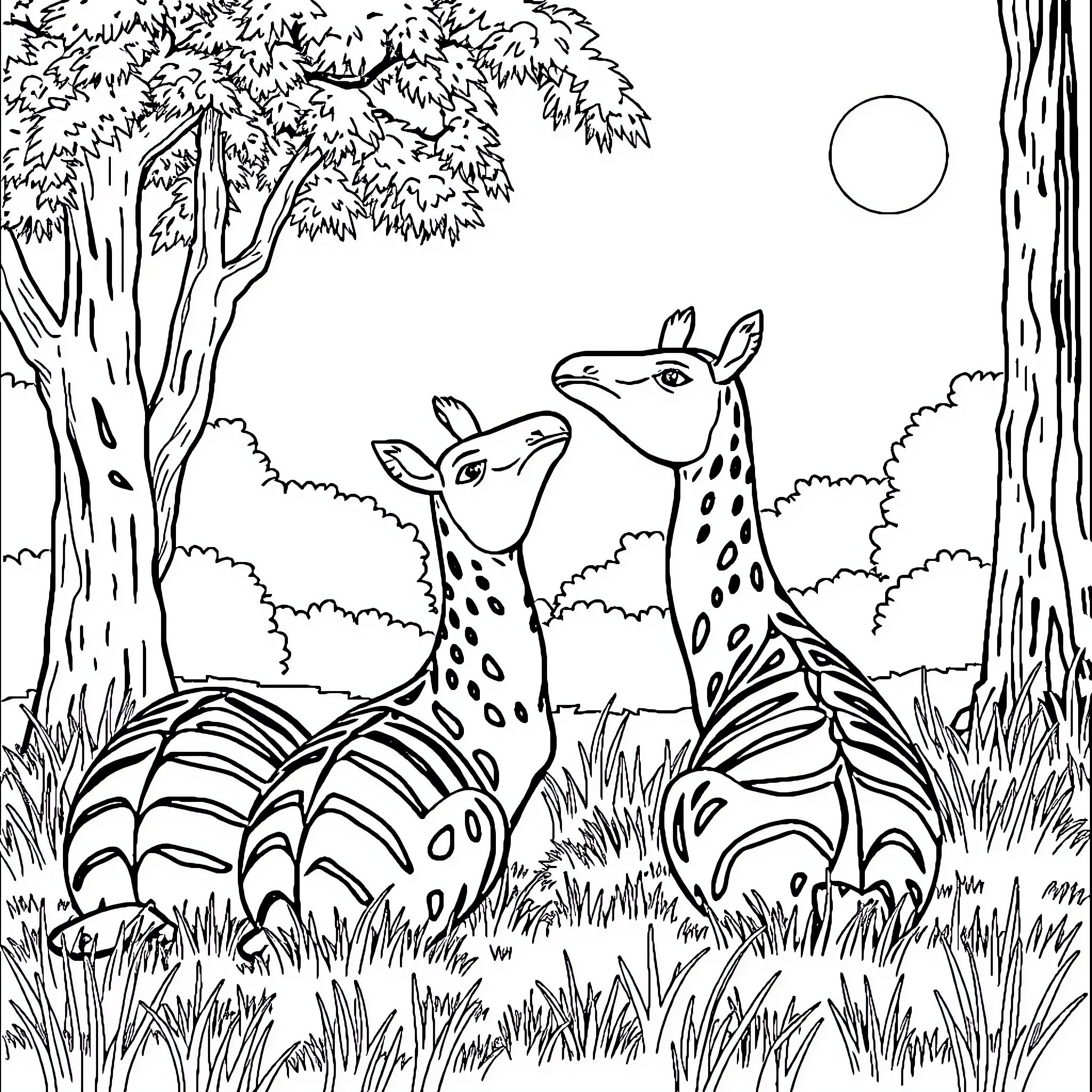 Capybara and Young Resting in Tranquil Forest Coloring Page (free black-and-white line drawing printable PDF for all, from beginners to advanced learners, including children, teens, adults, and seniors)