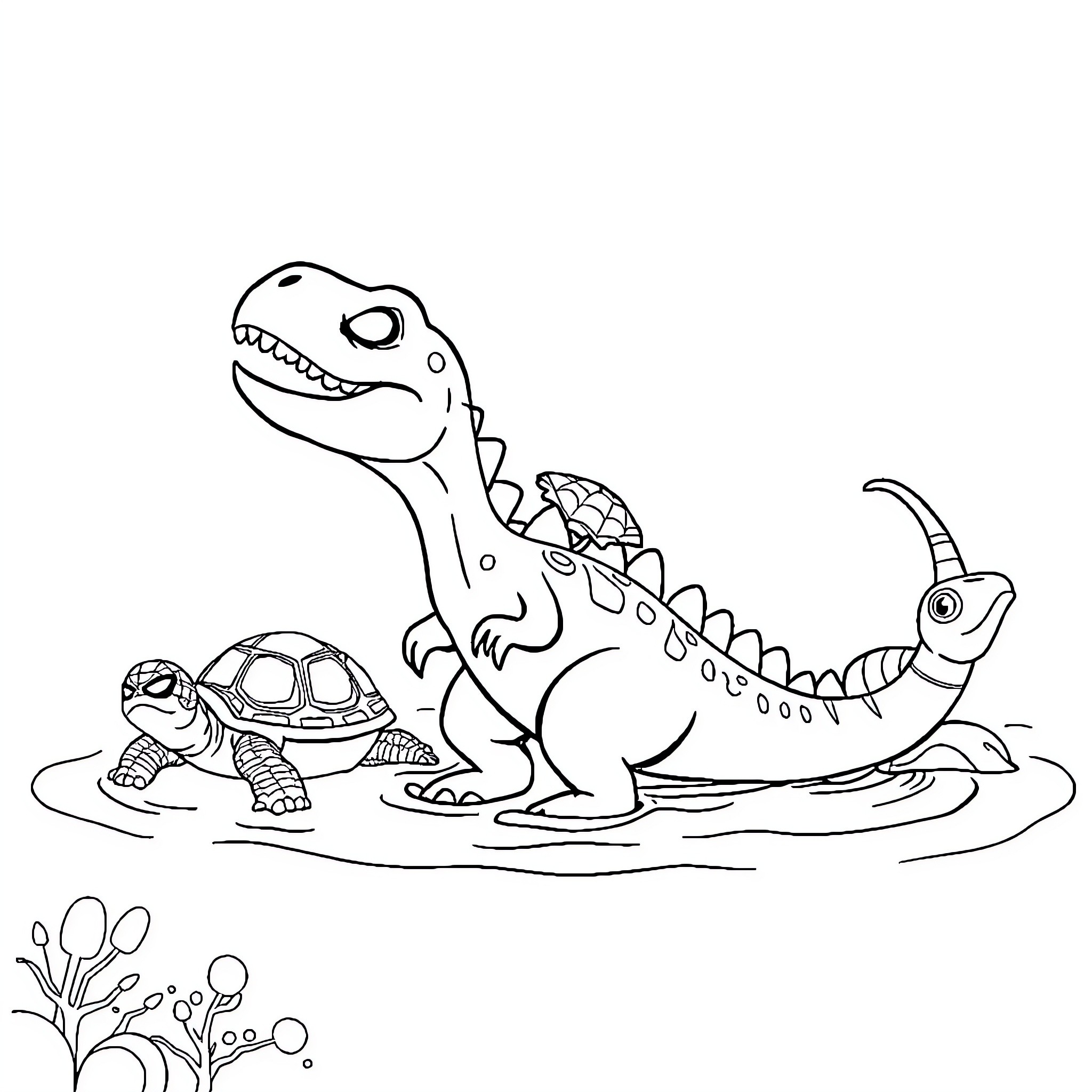 Dinosaur and turtle playing in the mud Coloring Page (free black-and-white line drawing printable PDF for all, from beginners to advanced learners, including children, teens, adults, and seniors)