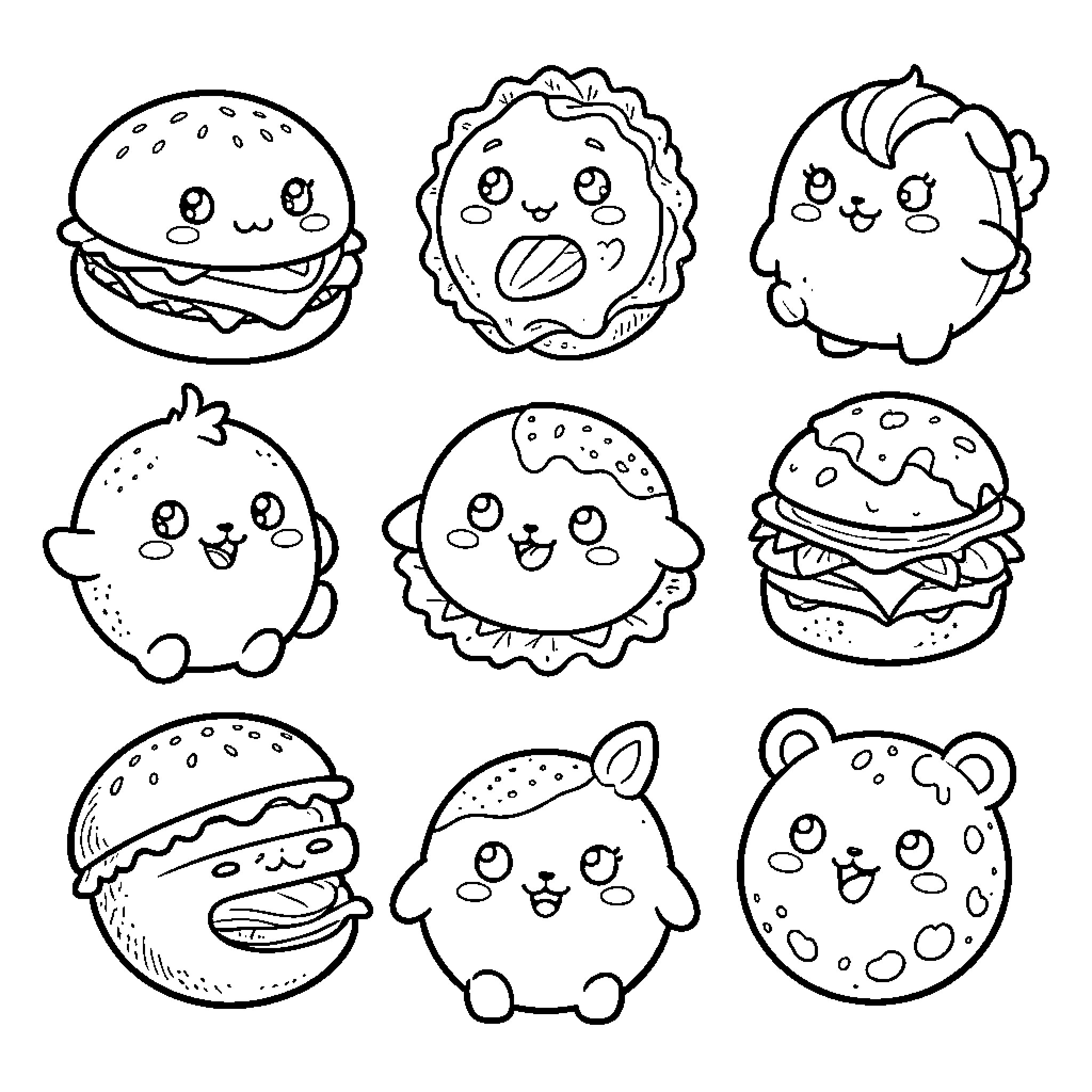 Food characters smiling and posing with cute expressions Coloring Page (free black-and-white line drawing printable PDF for all, from beginners to advanced learners, including children, teens, adults, and seniors)