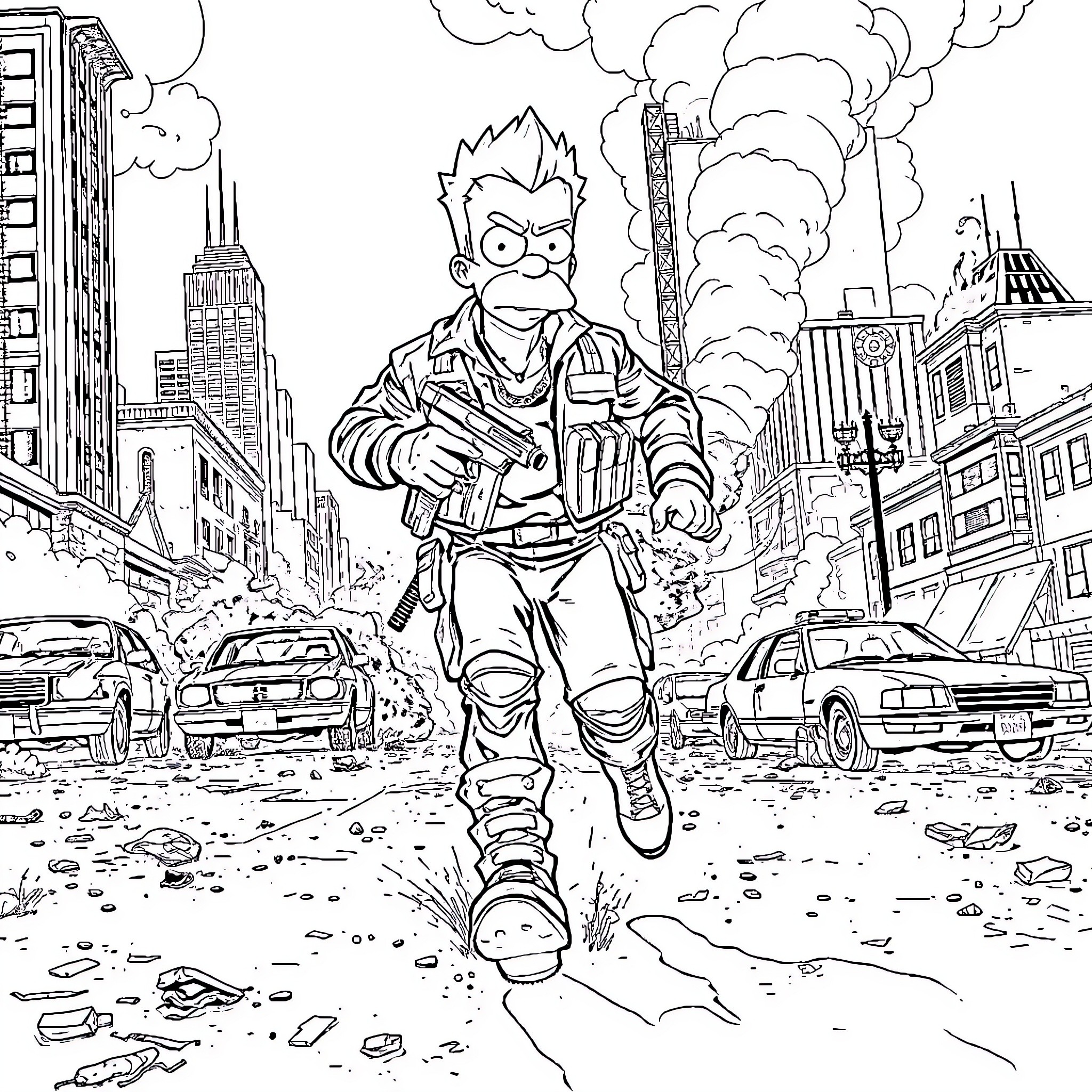 Homer Adams battles through a post-apocalyptic city Coloring Page (free black-and-white line drawing printable PDF for all, from beginners to advanced learners, including children, teens, adults, and seniors)