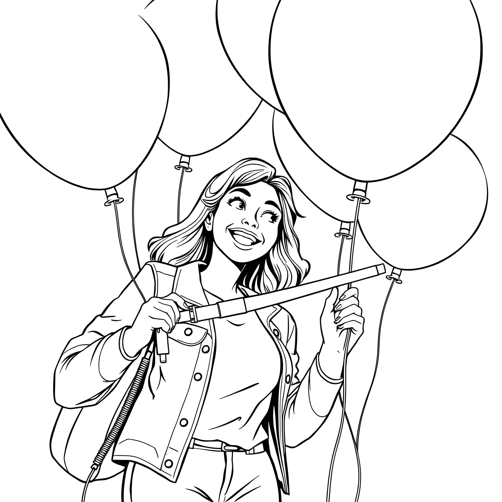 Woman holding balloons and smiling joyfully Coloring Page (free black-and-white line drawing printable PDF for all, from beginners to advanced learners, including children, teens, adults, and seniors)