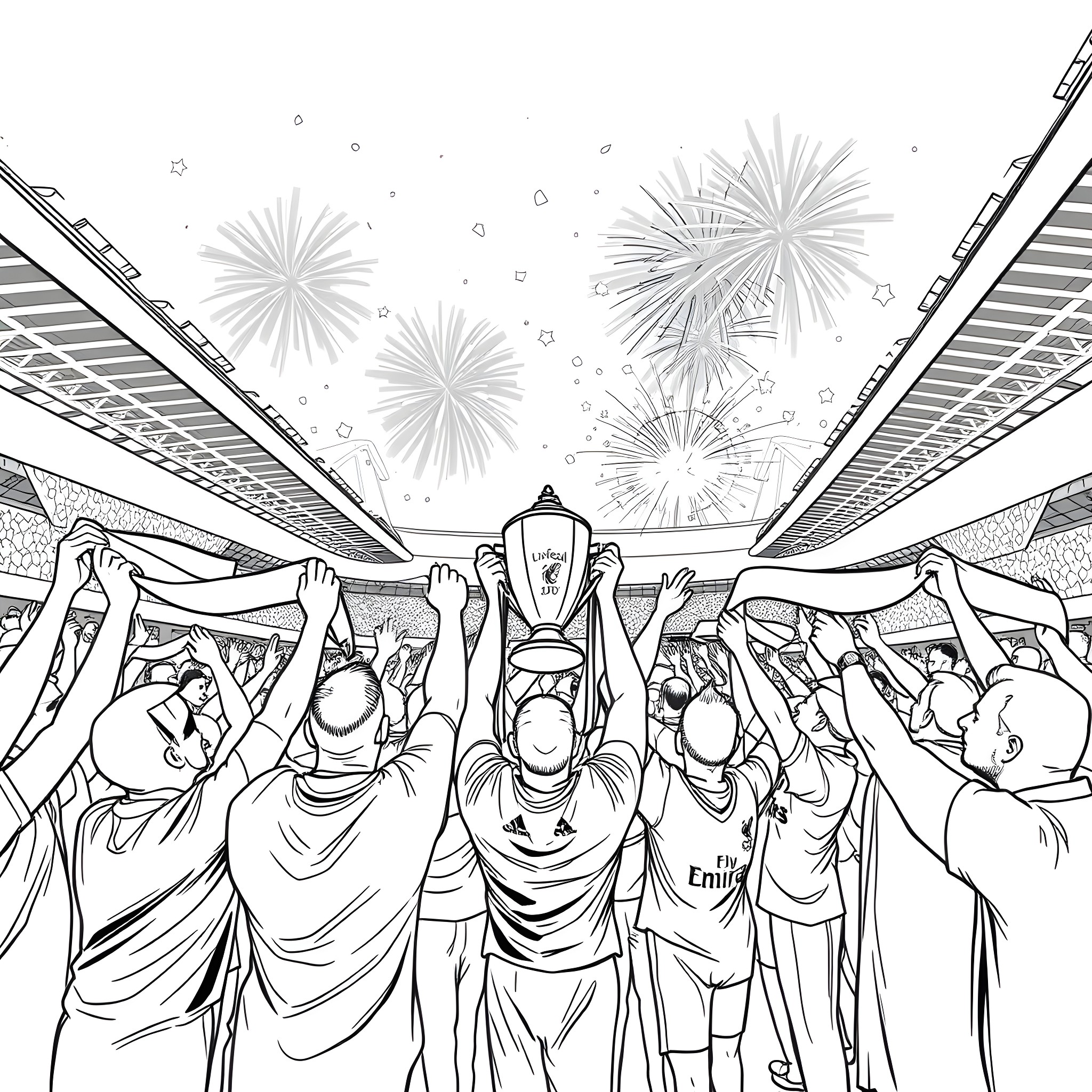 Liverpool Fans Celebrating Victory with Fireworks Display Coloring Page (free black-and-white line drawing printable PDF for all, from beginners to advanced learners, including children, teens, adults, and seniors)
