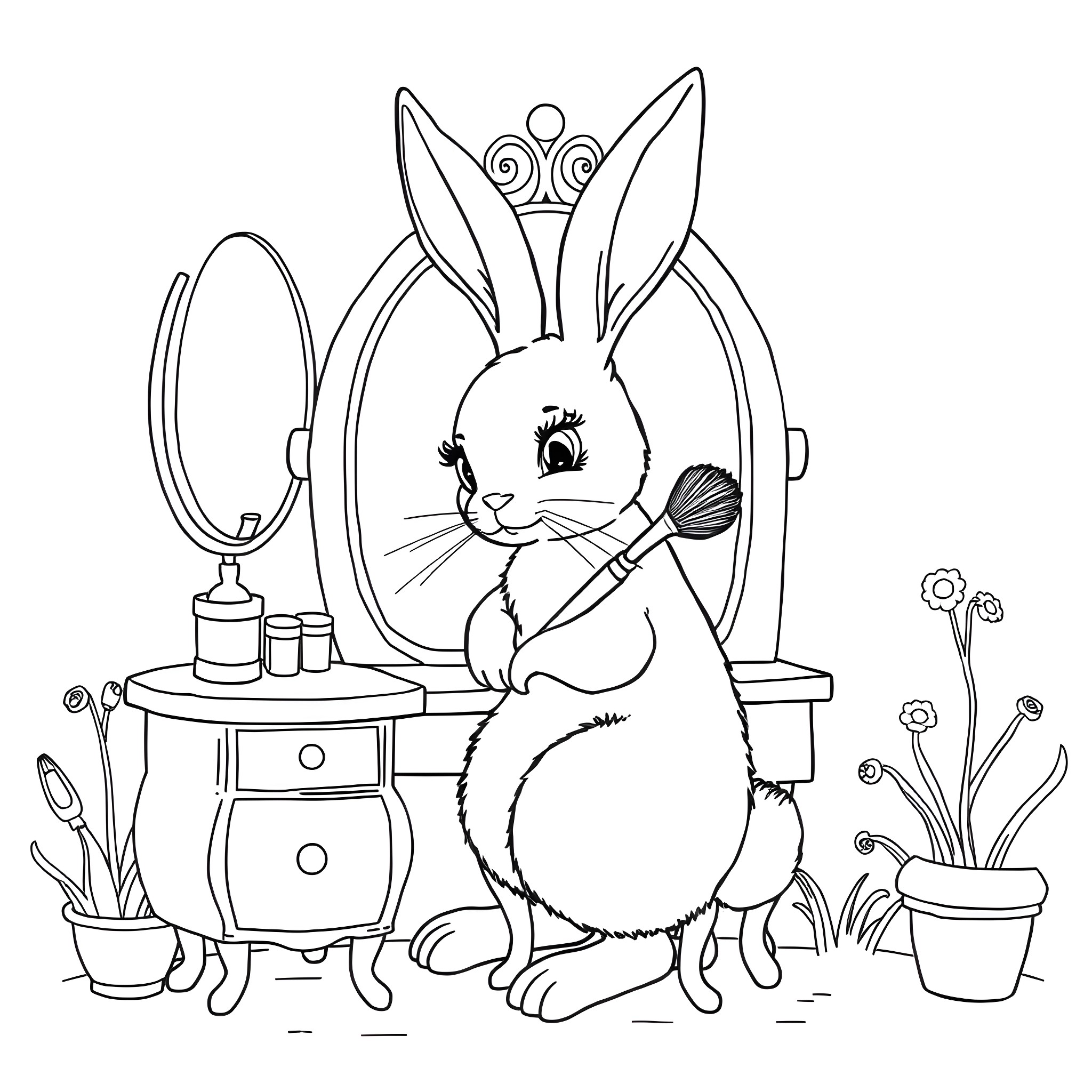 Rabbit putting on makeup in front of a vanity mirror Coloring Page (free black-and-white line drawing printable PDF for all, from beginners to advanced learners, including children, teens, adults, and seniors)