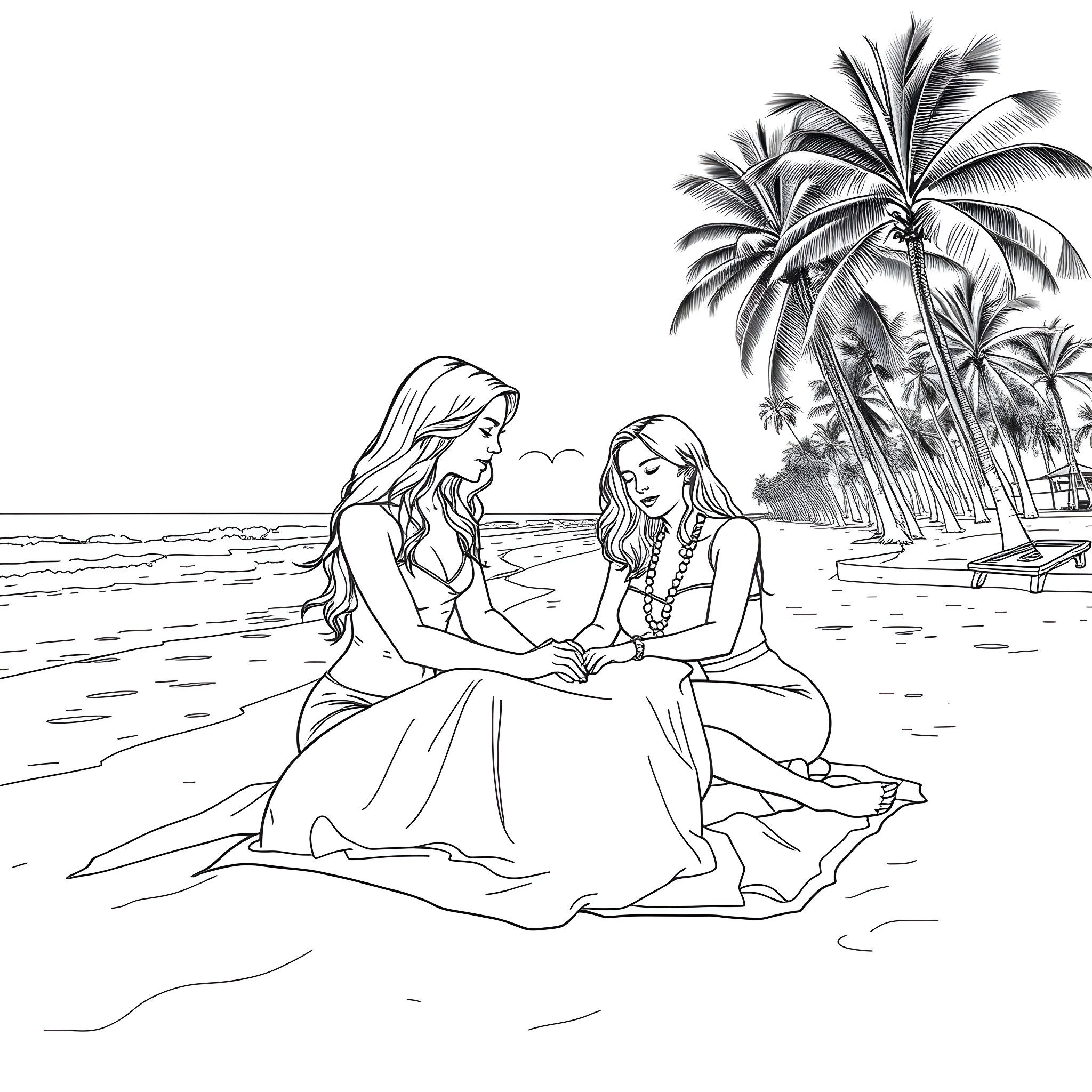 Sabrina Carpenter: Relaxing on the Beach with a Friend Coloring Page (free black-and-white line drawing printable PDF for all, from beginners to advanced learners, including children, teens, adults, and seniors)