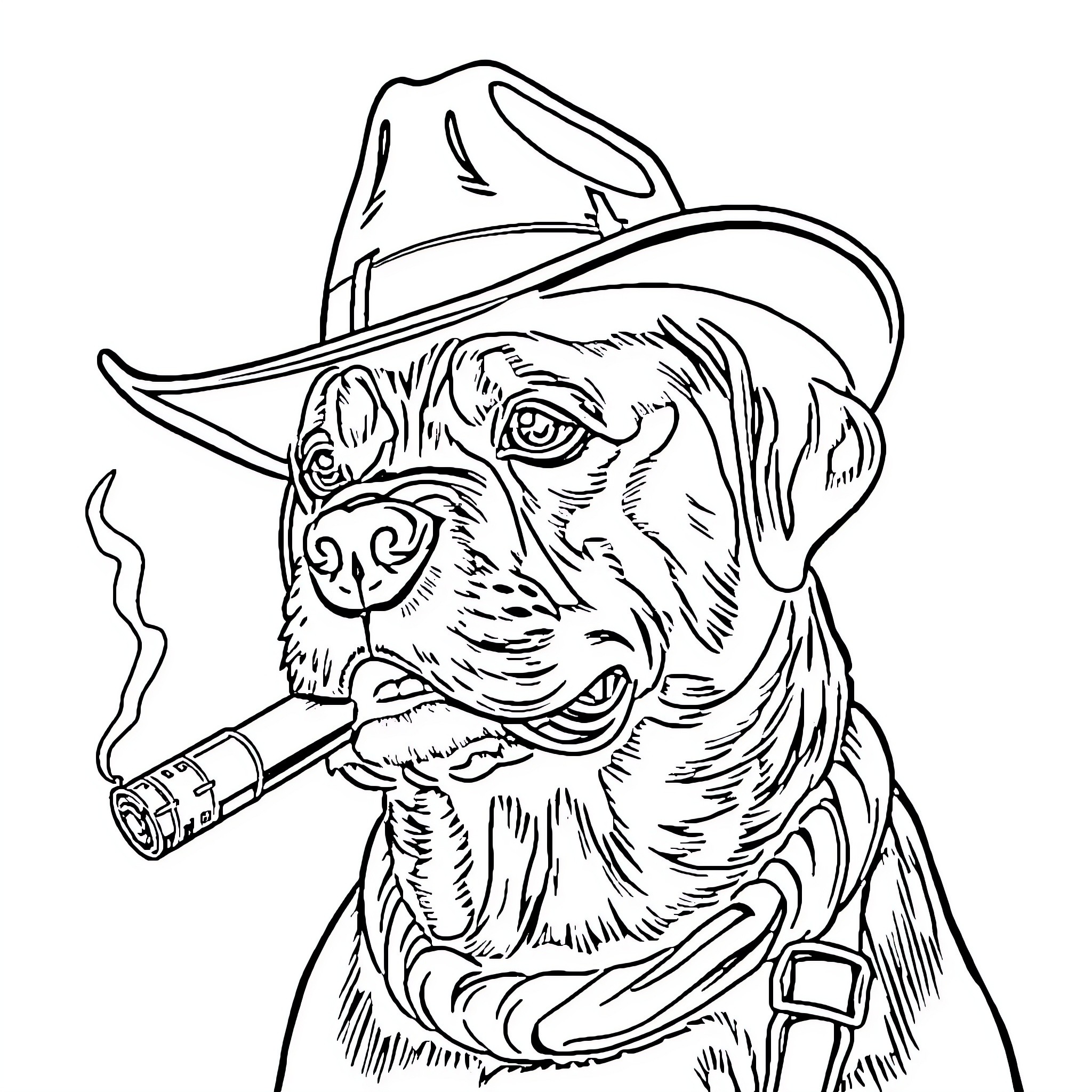 Rottweiler wearing cowboy hat and smoking a cigar Coloring Page (free black-and-white line drawing printable PDF for all, from beginners to advanced learners, including children, teens, adults, and seniors)