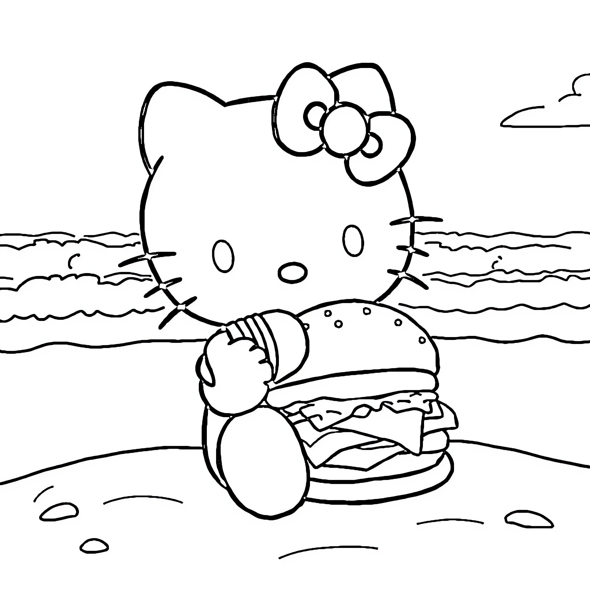 Hello Kitty enjoying a beach burger Coloring Page (free black-and-white line drawing printable PDF for all, from beginners to advanced learners, including children, teens, adults, and seniors)