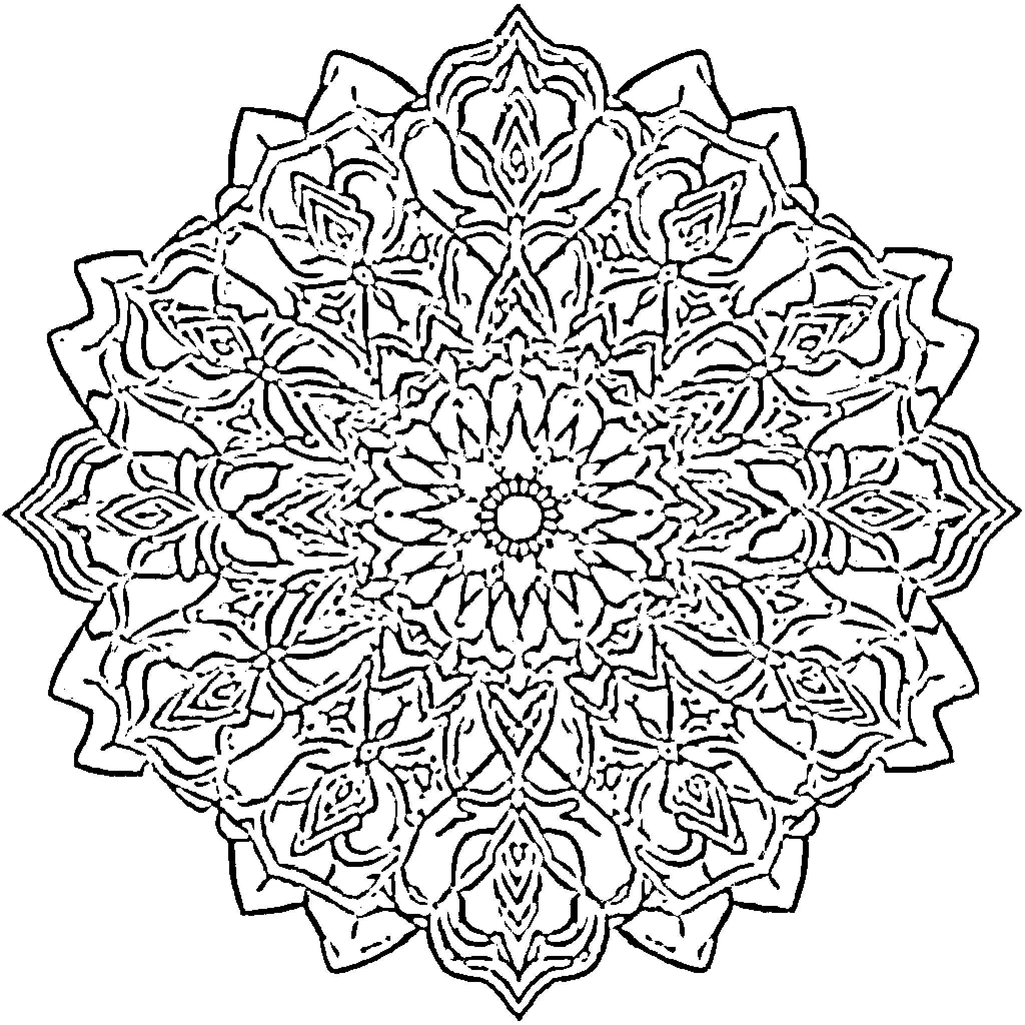 Mandala of intricate floral patterns Coloring Page (free black-and-white line drawing printable PDF for all, from beginners to advanced learners, including children, teens, adults, and seniors)
