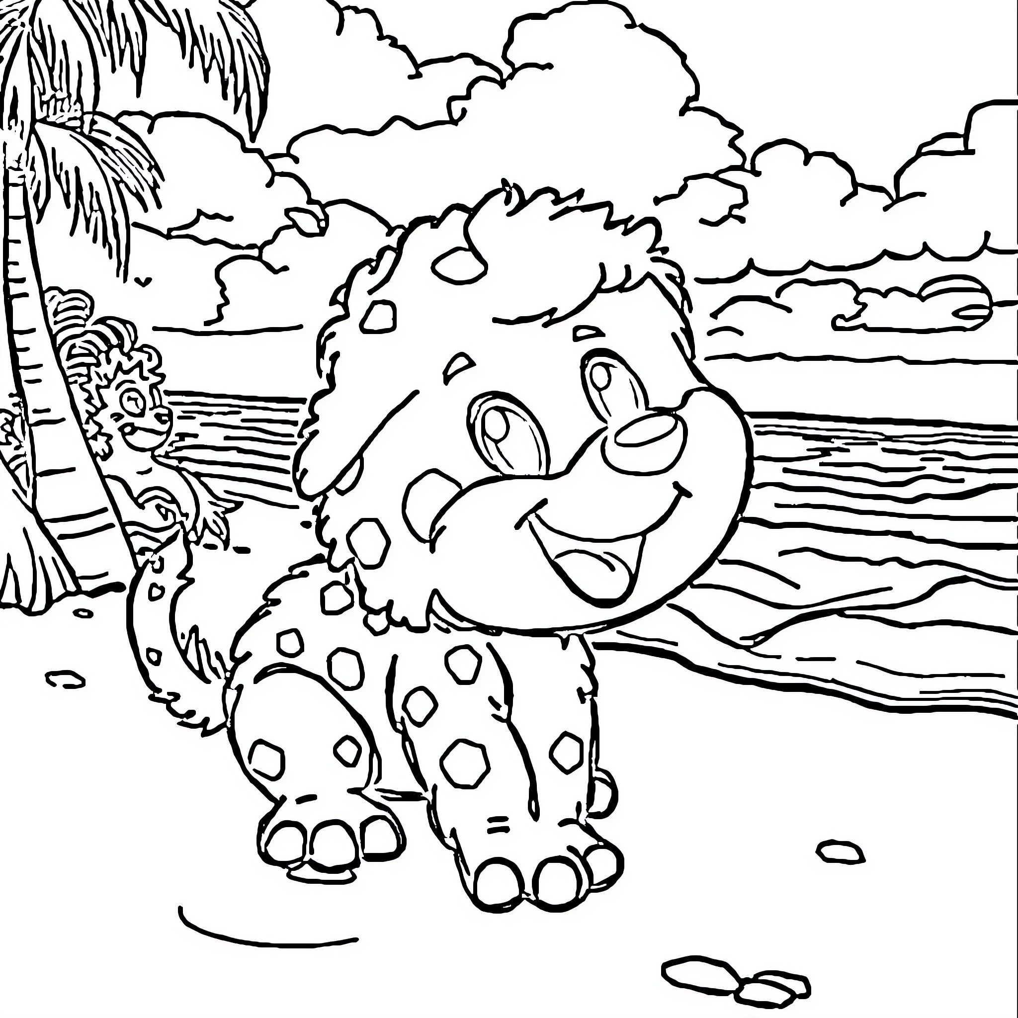 Cuquin playing happily on the beach Coloring Page (free black-and-white line drawing printable PDF for all, from beginners to advanced learners, including children, teens, adults, and seniors)