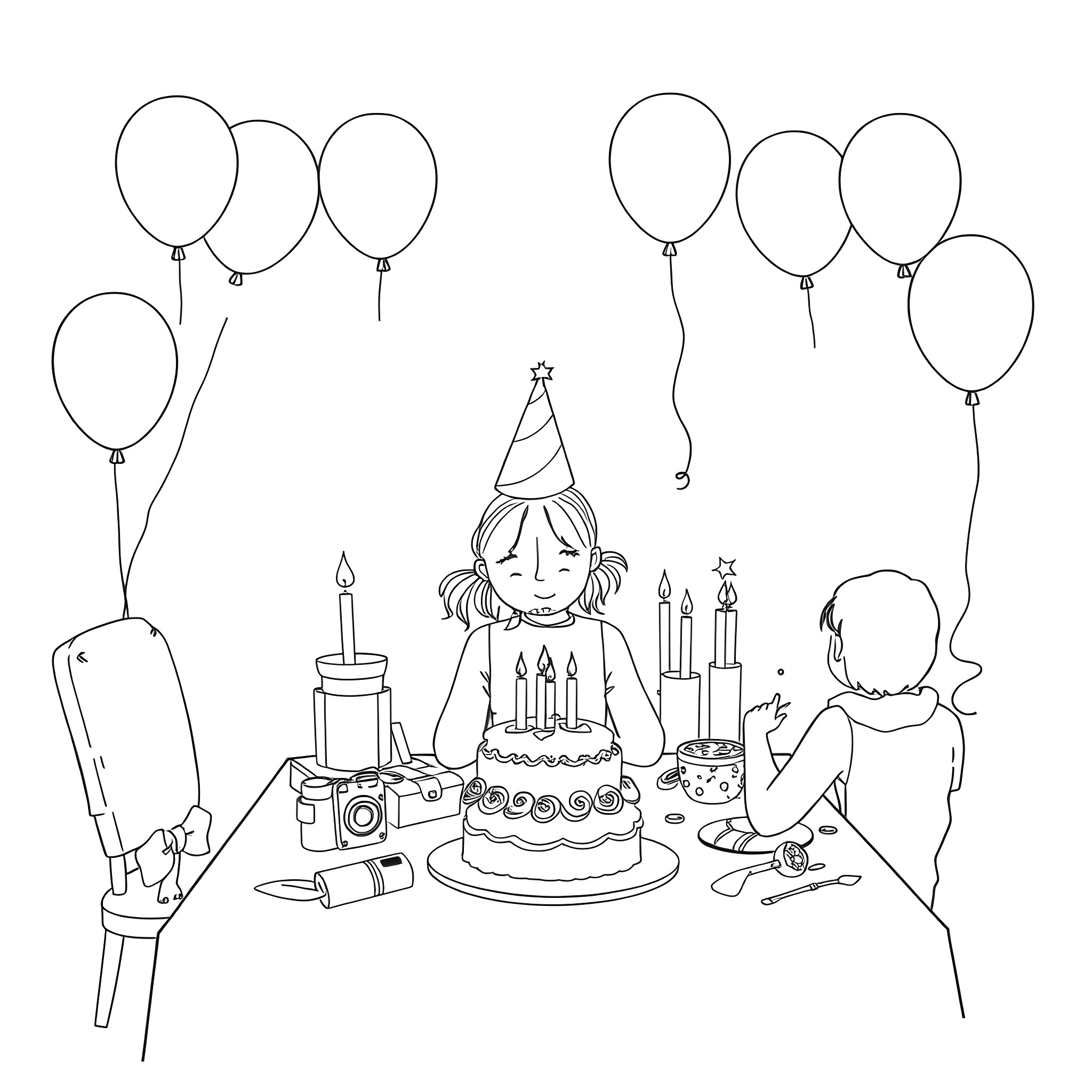 Girl Celebrating Birthday with Cake and Balloons Coloring Page (free black-and-white line drawing printable PDF for all, from beginners to advanced learners, including children, teens, adults, and seniors)